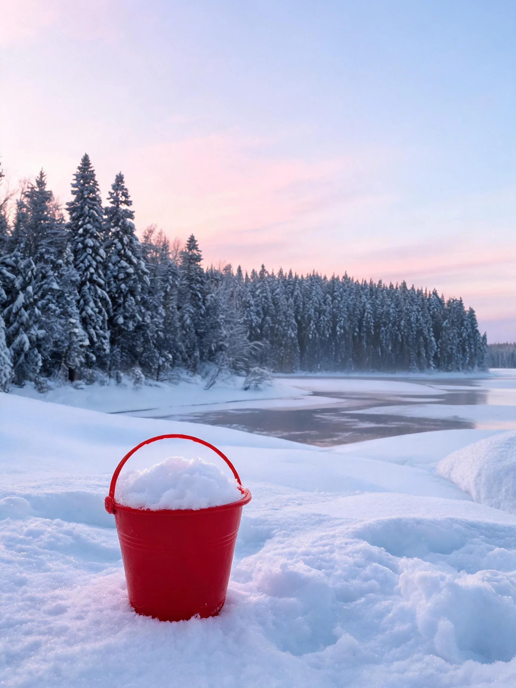 红色塑料桶内盛放着蓬松洁白的雪团,桶身鲜亮且带有细微的雪迹痕迹。