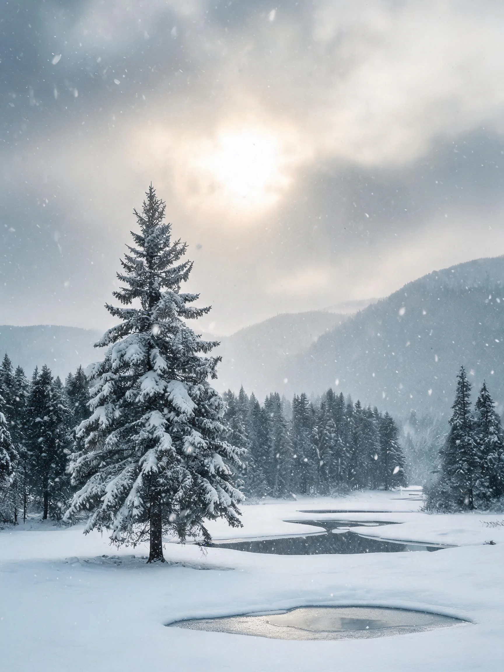 画面中央是一棵高大的雪松,枝桠上积满了厚厚的雪,在阴沉天空下呈现出银白质感。