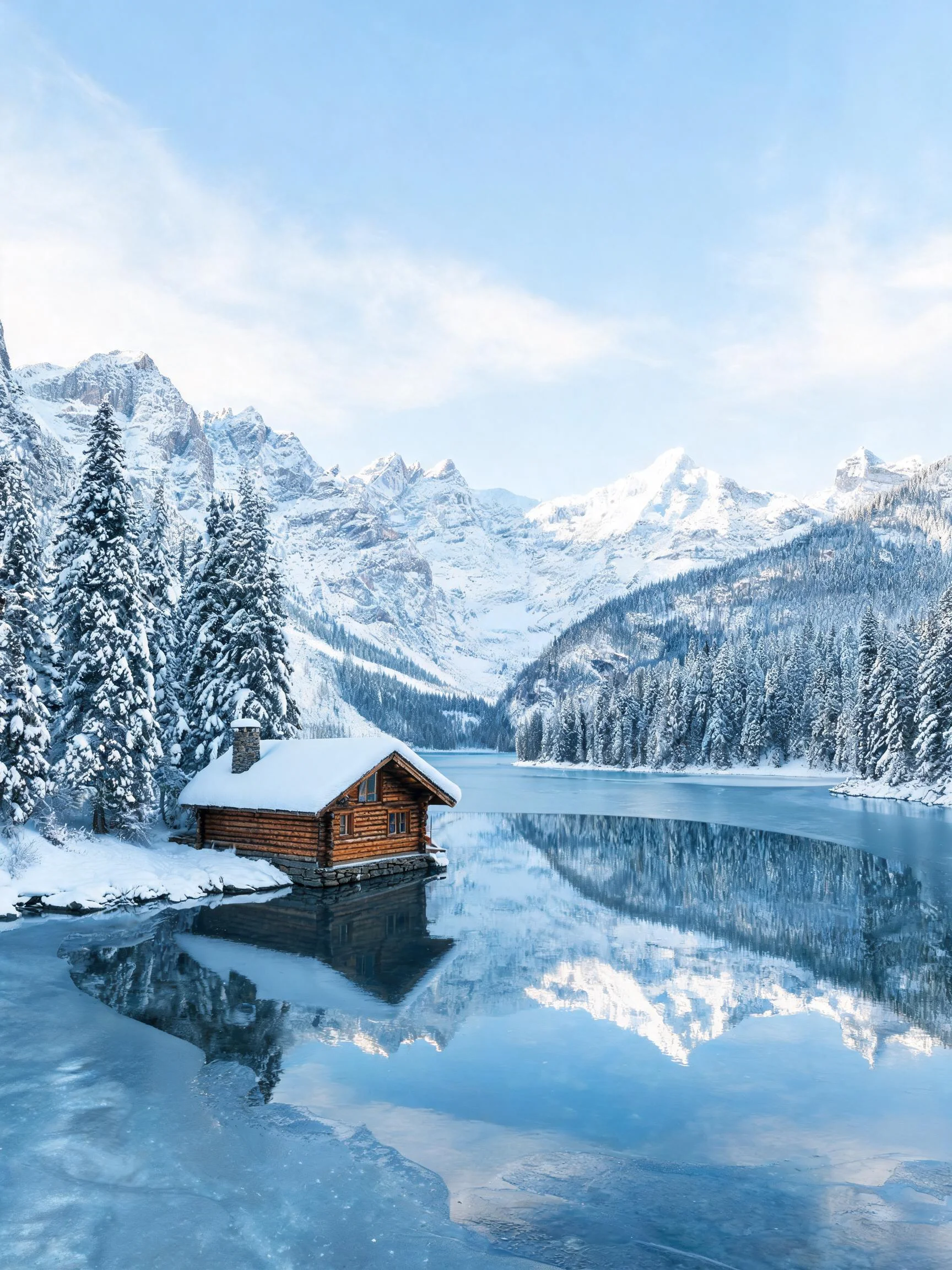 原木小屋矗立在结冰的湖面上,屋顶覆盖白雪,周围是积雪的松树与雪山倒影。