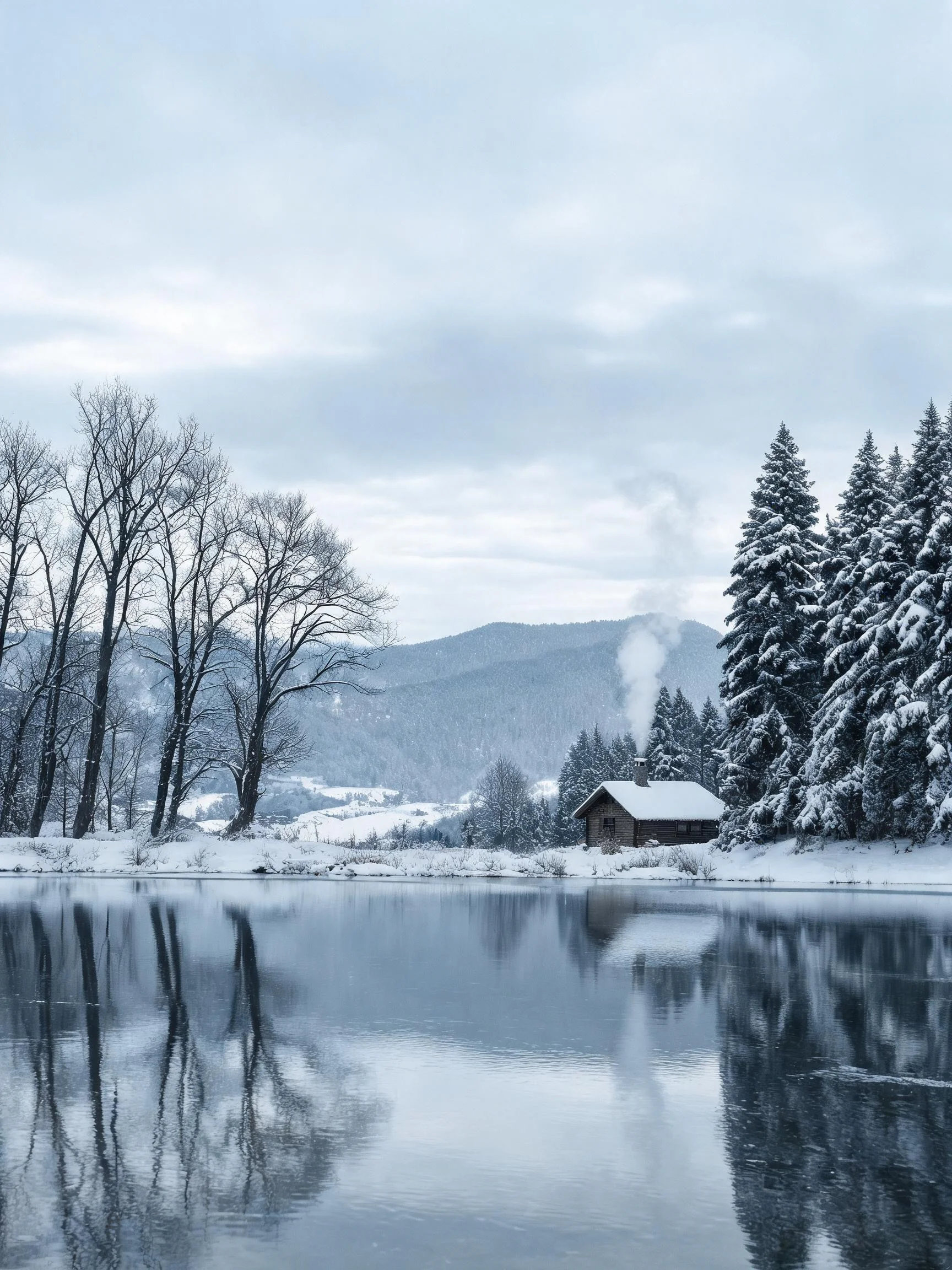 雪覆山林湖畔木屋冬景,画面中木质小屋屋顶积雪洁白,烟囱飘出轻柔炊烟,湖水清晰倒映岸边景物,常青树覆雪蓬松沉重。