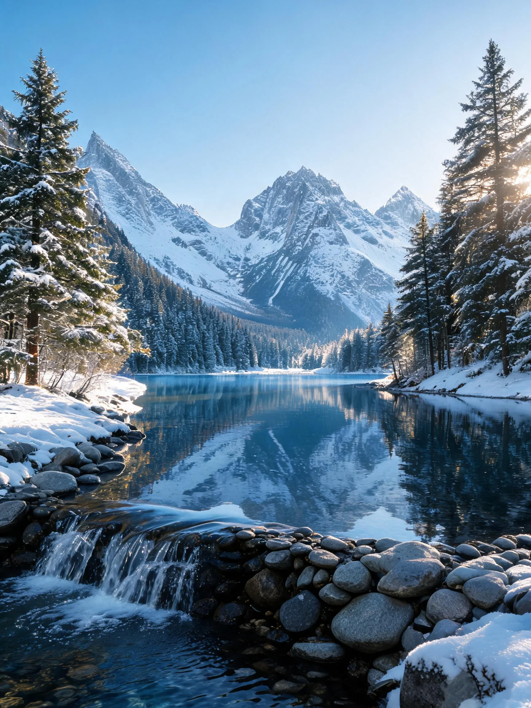 雪山湖泊景观中,湛蓝的湖水清晰倒映着雪山与森林,水面平静如镜,展现出冬日特有的感。