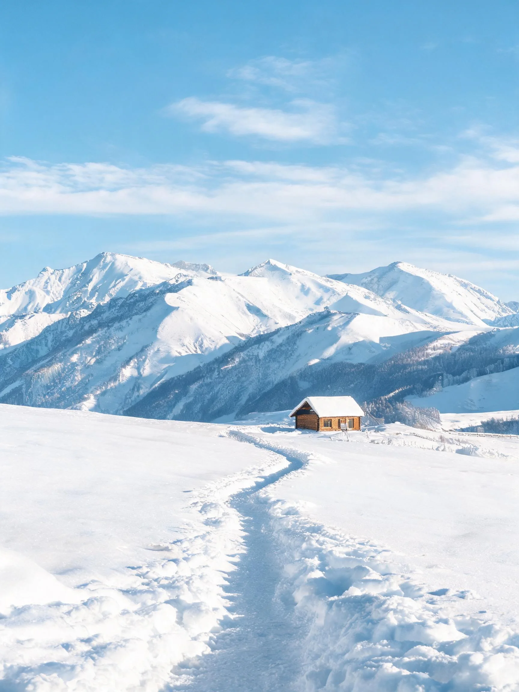 黄色山地木屋坐落在雪原之上,屋顶覆盖积雪,门前有脚印小路通向木屋,远处是雪山蓝天。