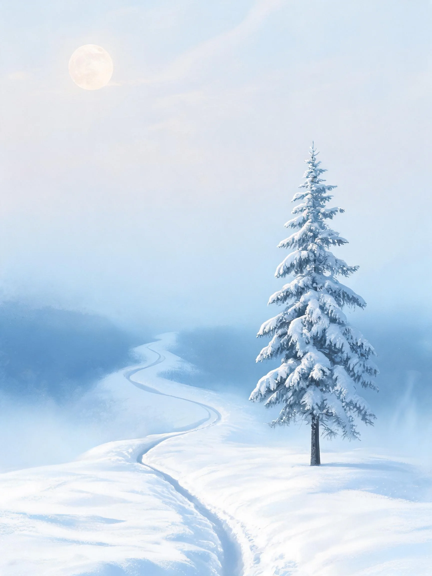 图中是一棵被积雪覆盖的高大雪松,针状枝叶均匀分布,表面覆有厚层白雪,位于画面右侧。