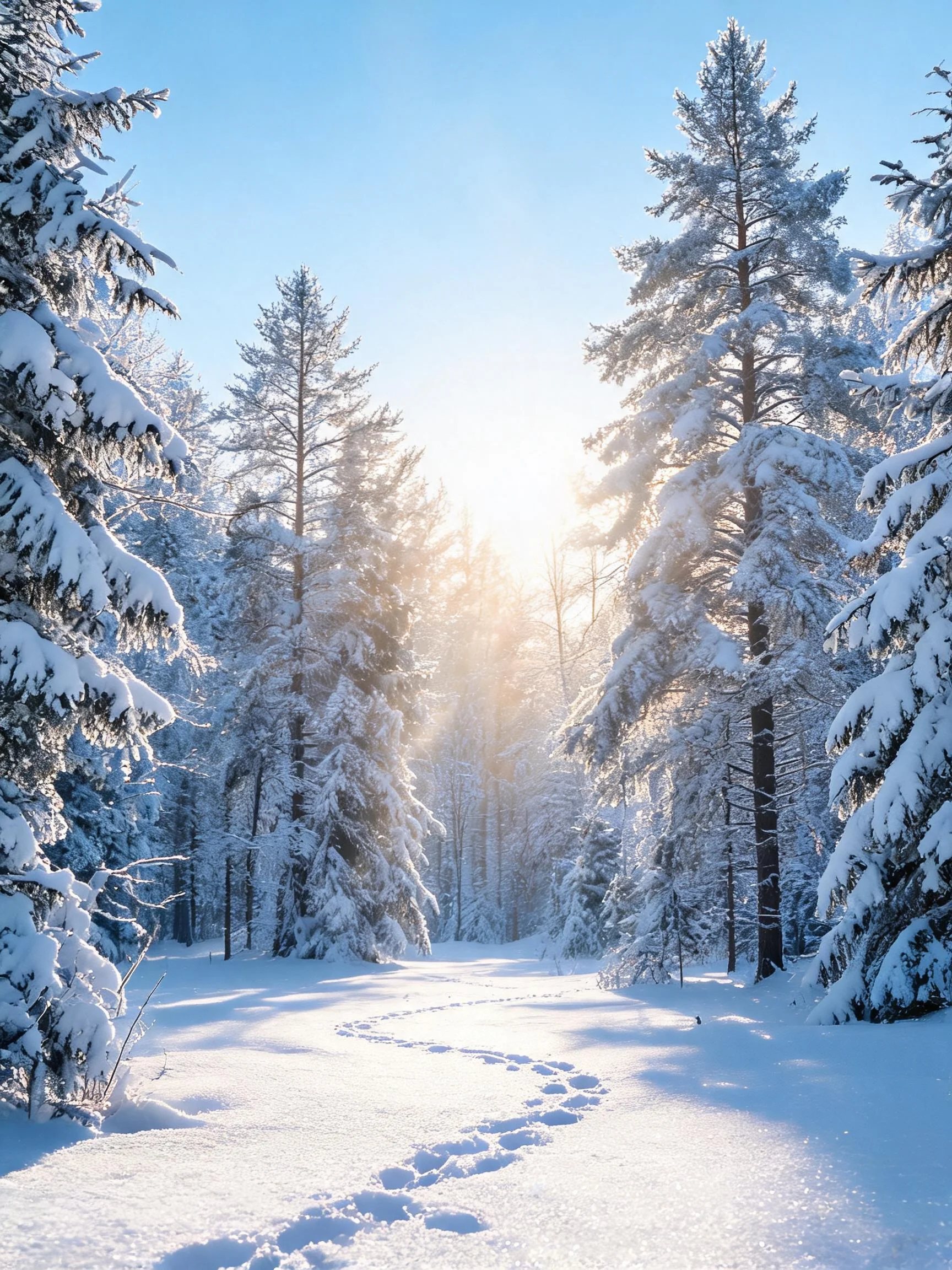 冬季雪覆针叶林景观中，高大树木枝桠挂满白色积雪，地面有清晰的脚印痕迹。