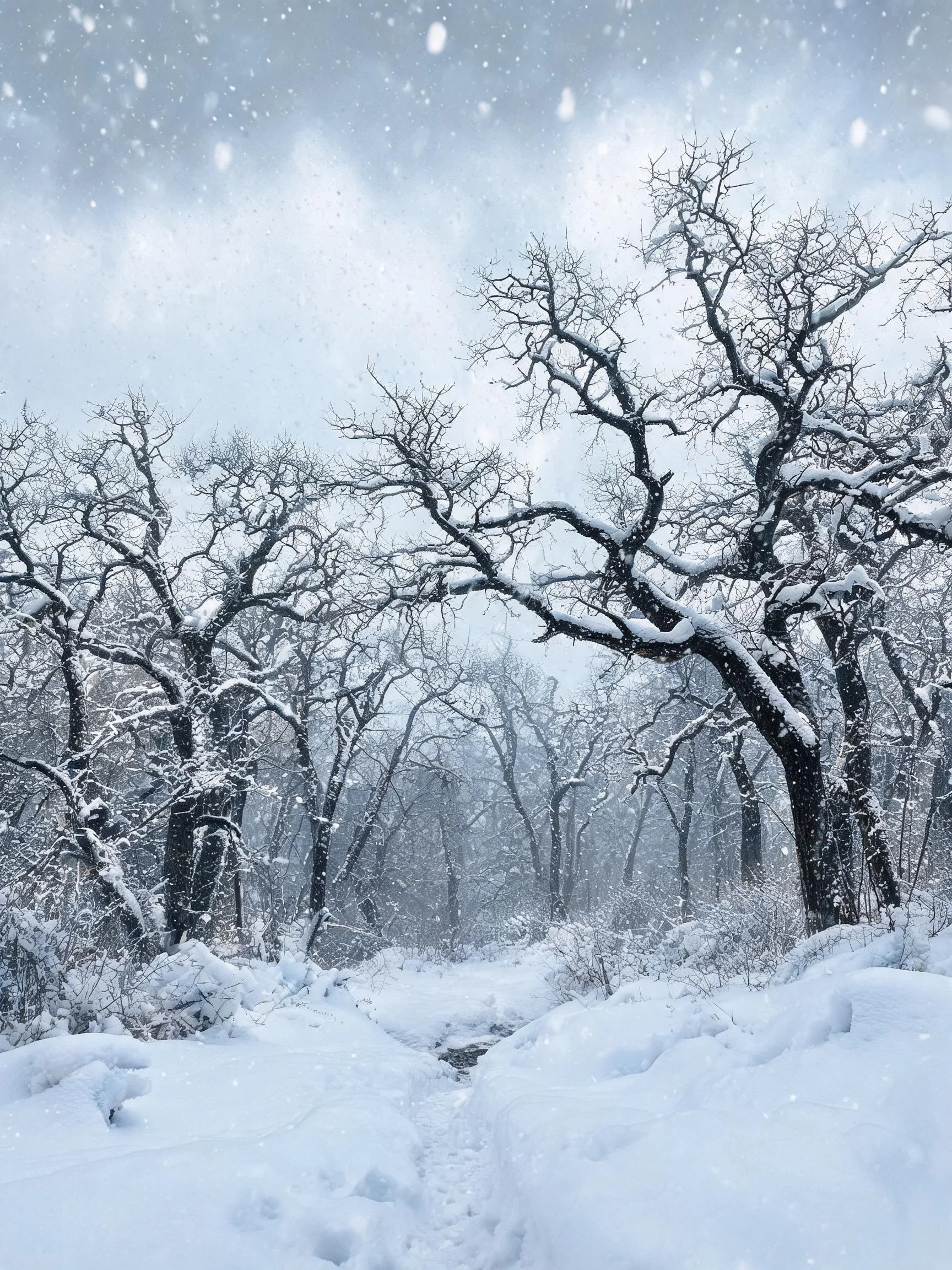 雪覆枯枝冬日山林场景中,枯枝上积满蓬松洁白的雪团,雪花持续飘落。
