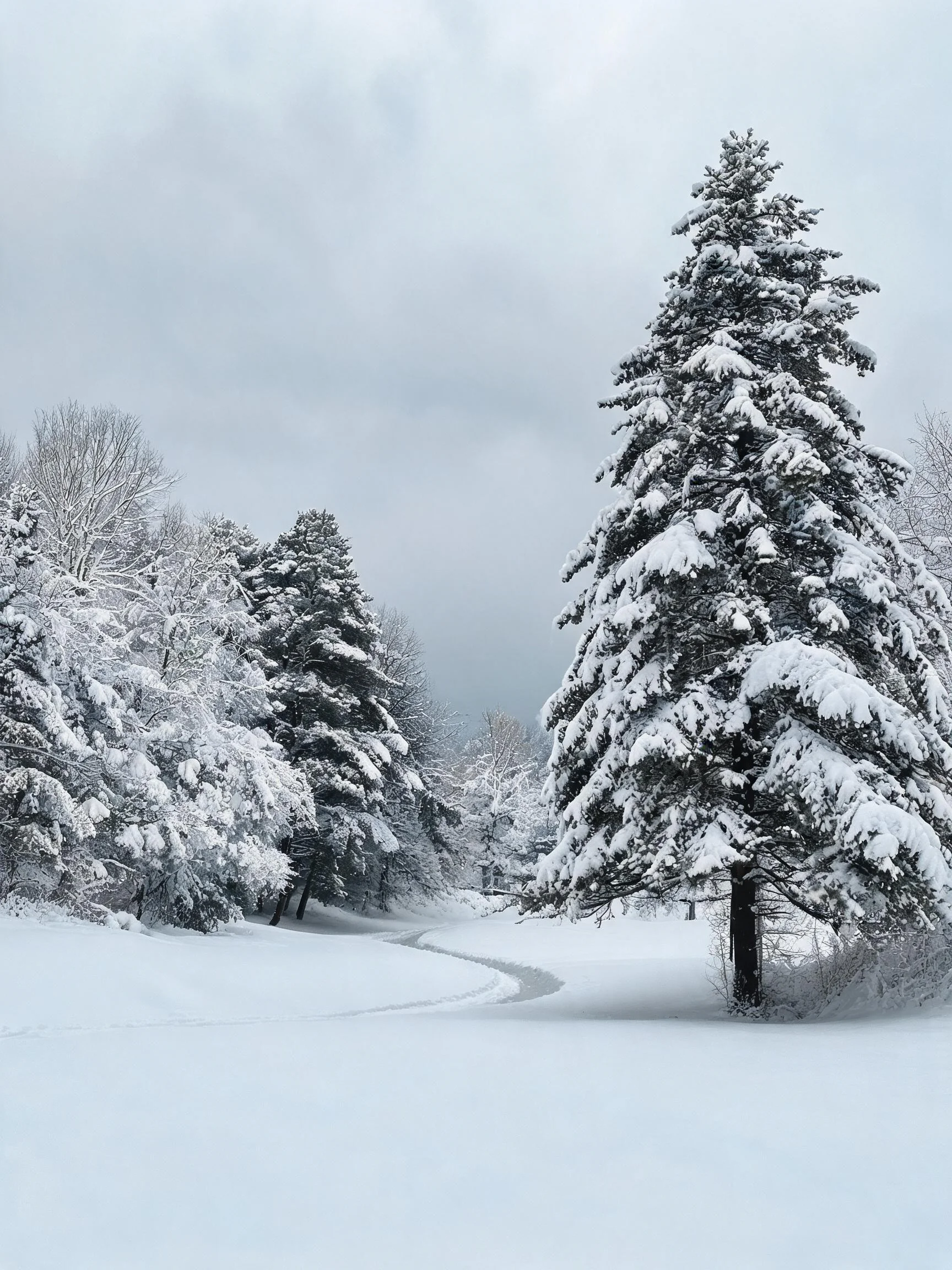 雪 松 树 上 积 满 蓬 松 的 白 色 积 雪,深 绿 色 树 干 与 白 雪 形 成 鲜 明 对 比。
