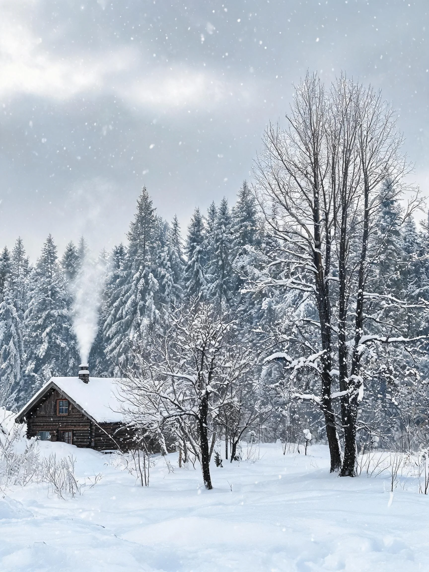 雪地森林中的原木小屋,深棕色墙体与白色积雪形成鲜明对比,烟囱冒出白烟,周围树木枝桠积满雪。