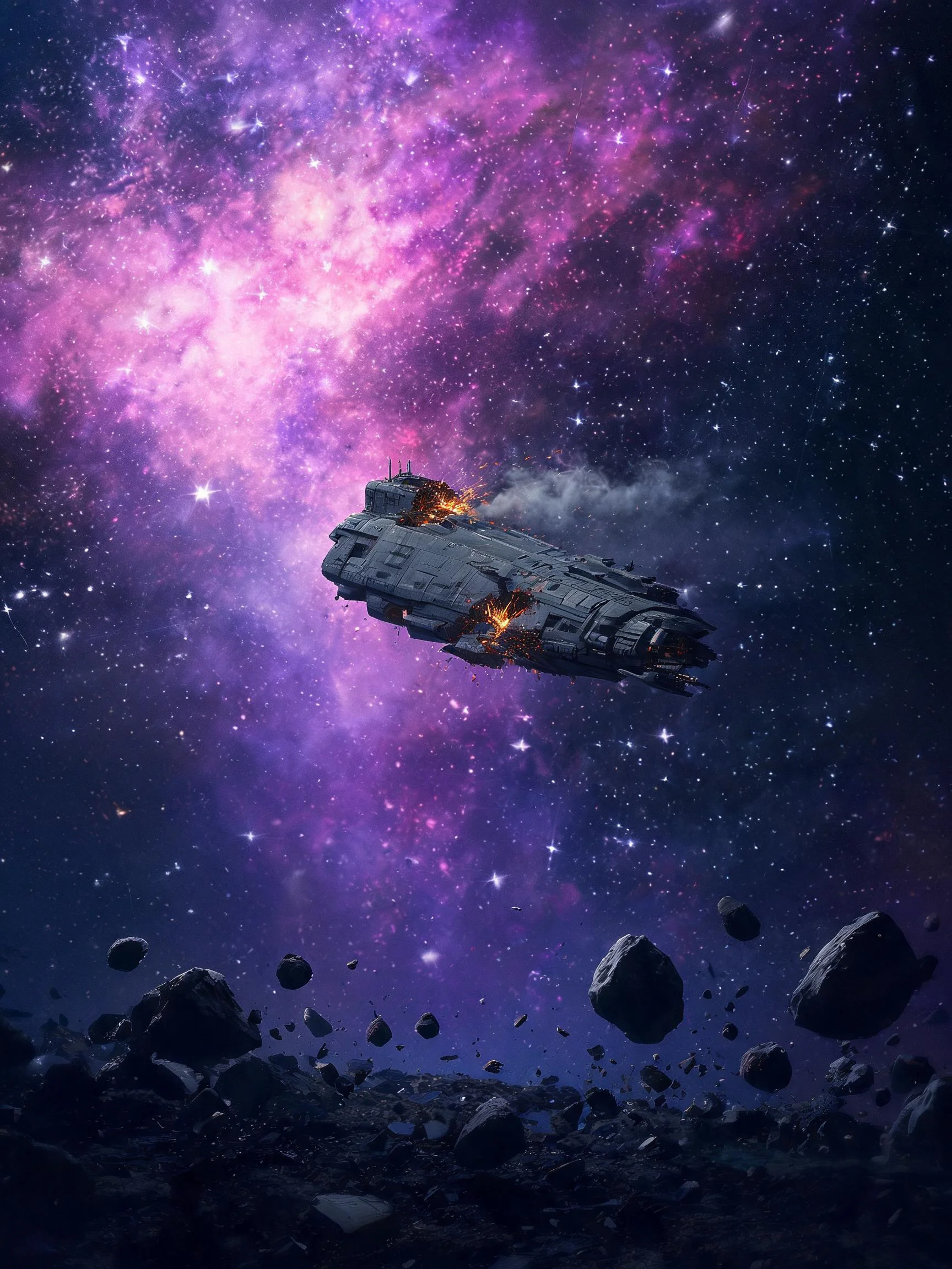 紫色星云下的一艘受损宇宙战舰，船体有火焰燃烧痕迹，周围环绕着大量漂浮的陨石。