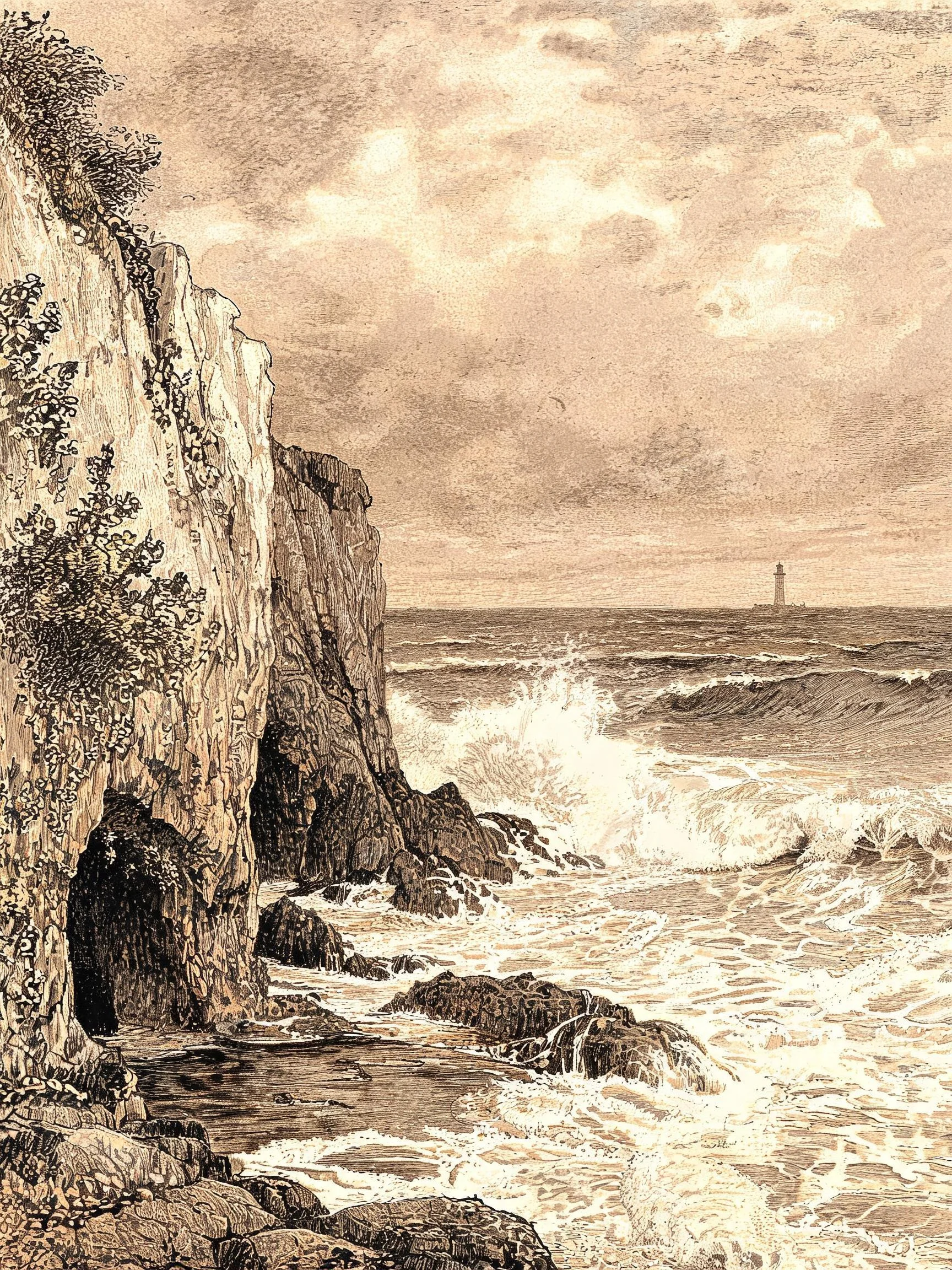 海岸悬崖风光呈现,海水以白色浪花拍击礁石,远处可见灯塔,岩石表面有纹理细节。