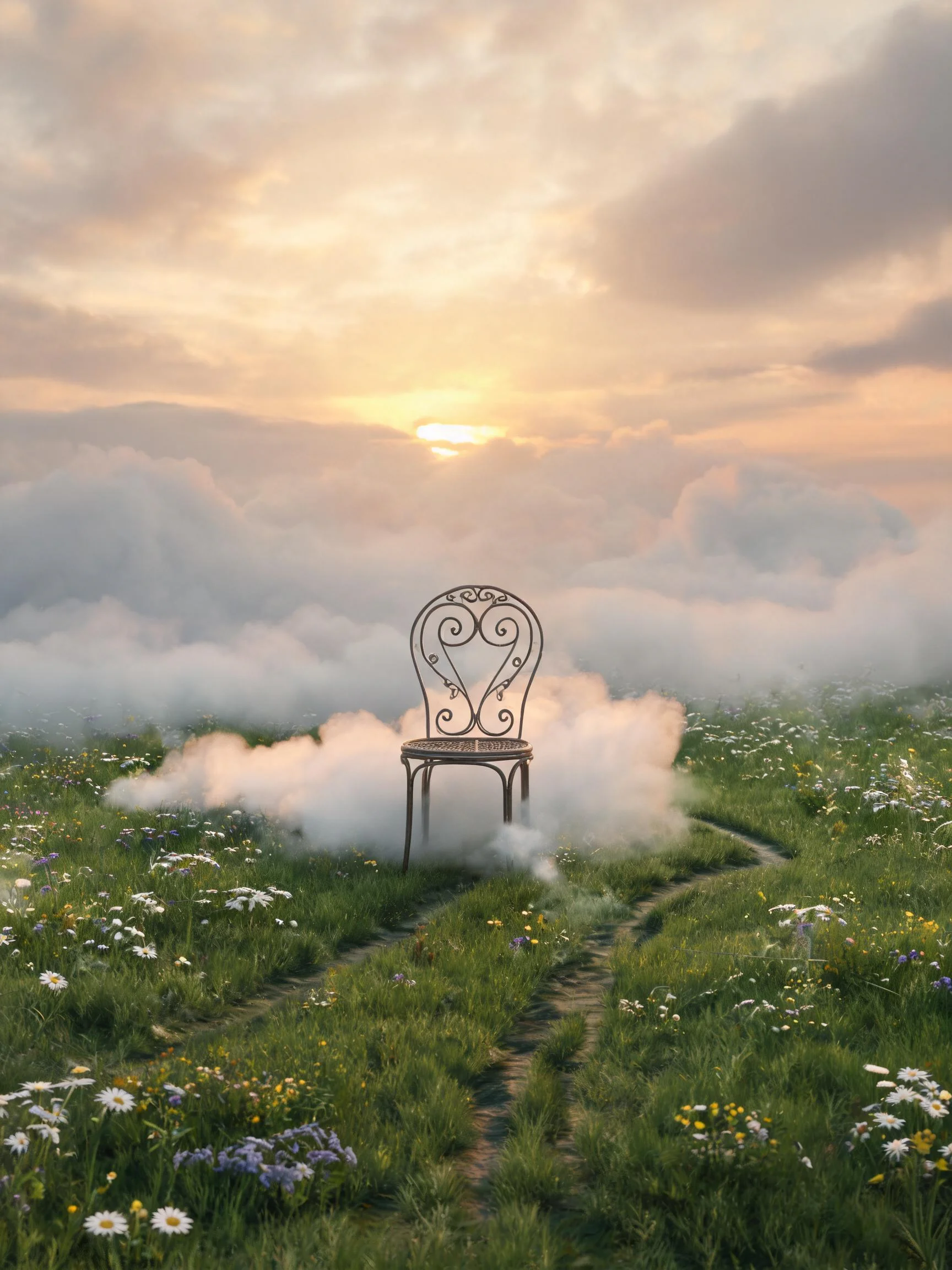 铁艺装饰椅背部有心形卷曲花纹,周围环绕着薄雾,放置在开满野花的草地上。
