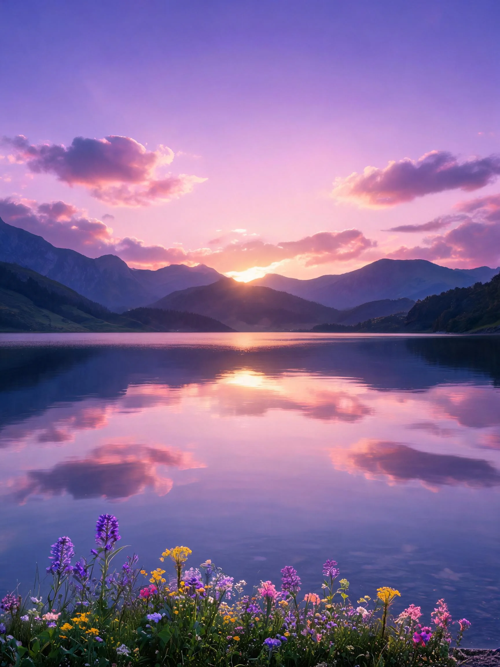 山间湖泊野花暮景时刻展现了一处的山地湖泊美景，湖面清晰倒映着粉紫色的天空云彩，岸边生长着色彩丰富的野生花卉，湖水清澈平静，天空色彩绚烂。