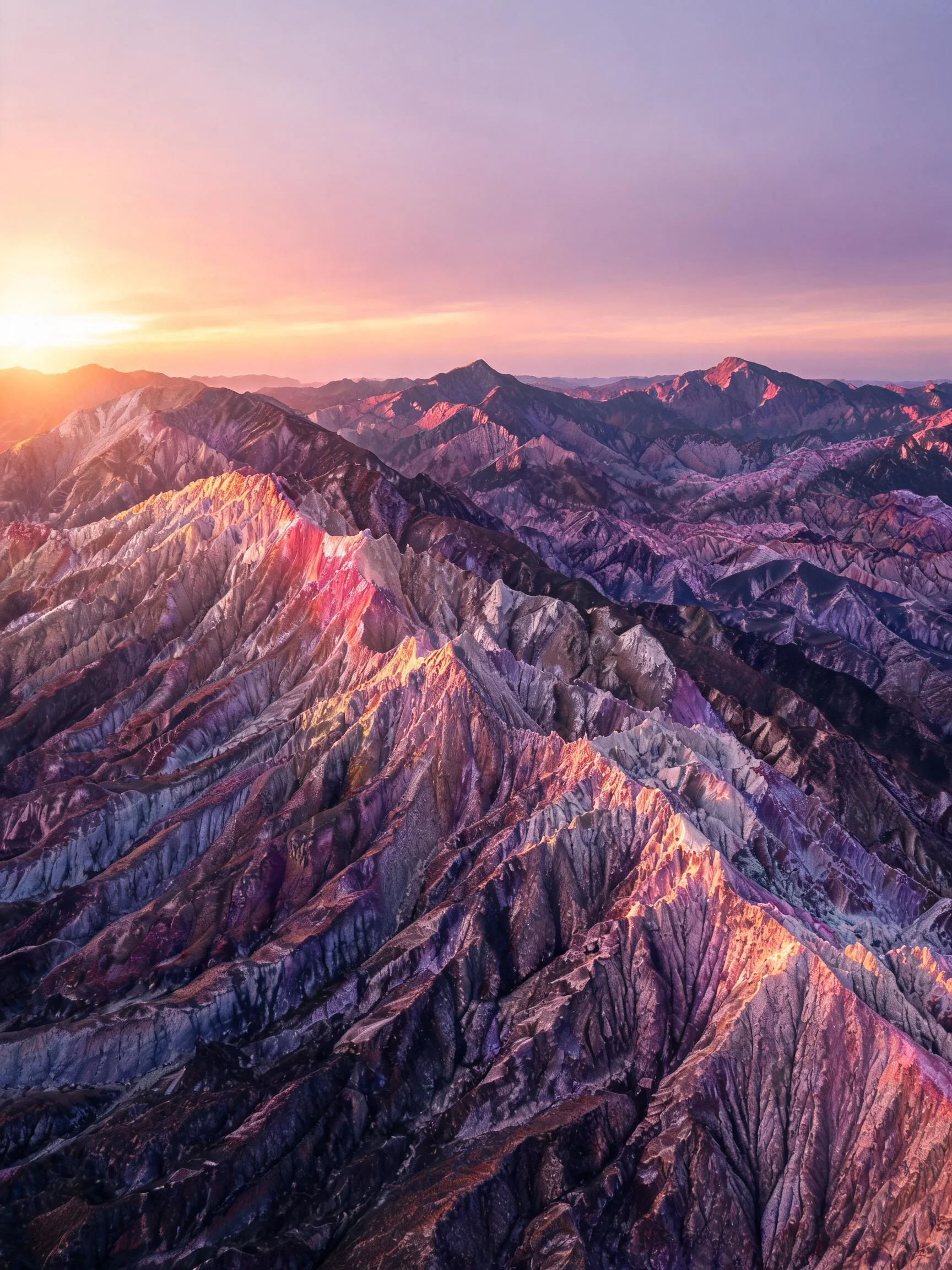 彩色层理山地岩石呈现出紫、橙、灰等多彩层次，在夕阳暖光下岩石表面纹理清晰可见。