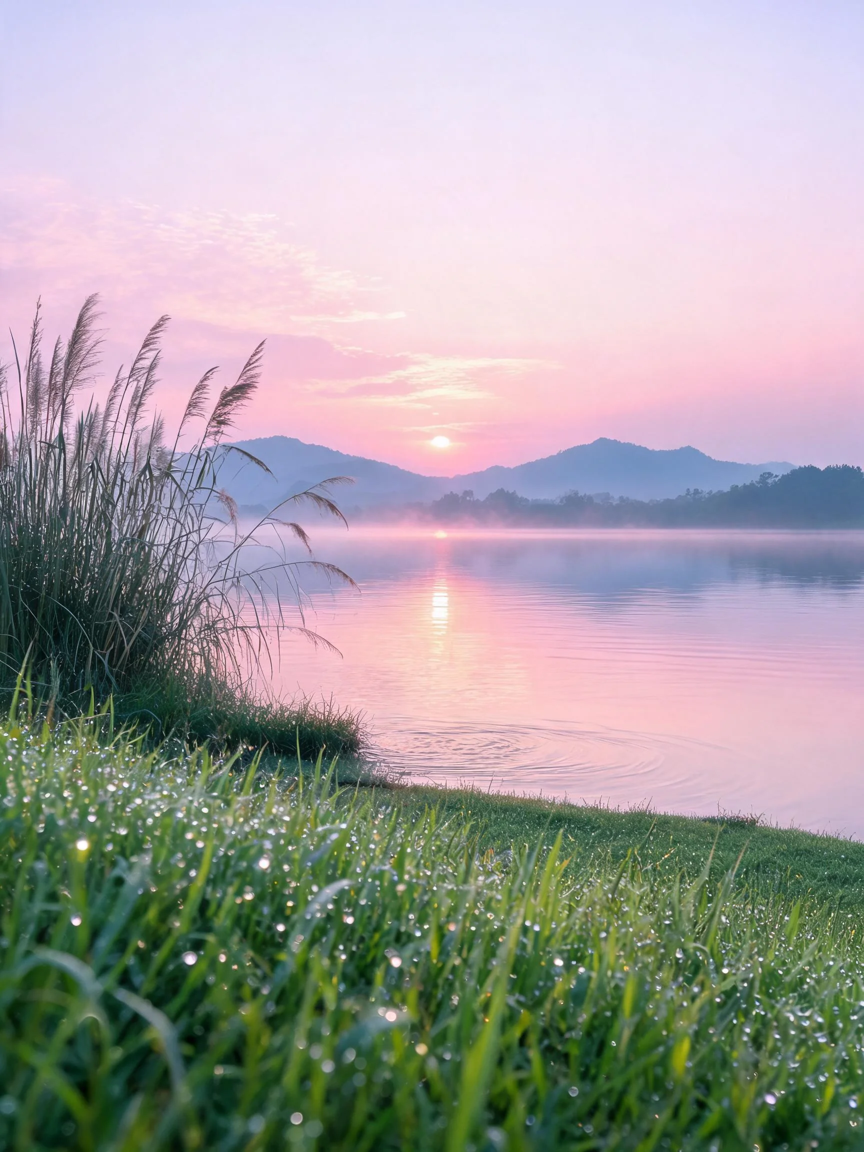 露天湖畔清晨山水风光,前景草叶沾有晶莹露珠,水面泛起淡粉色波纹。