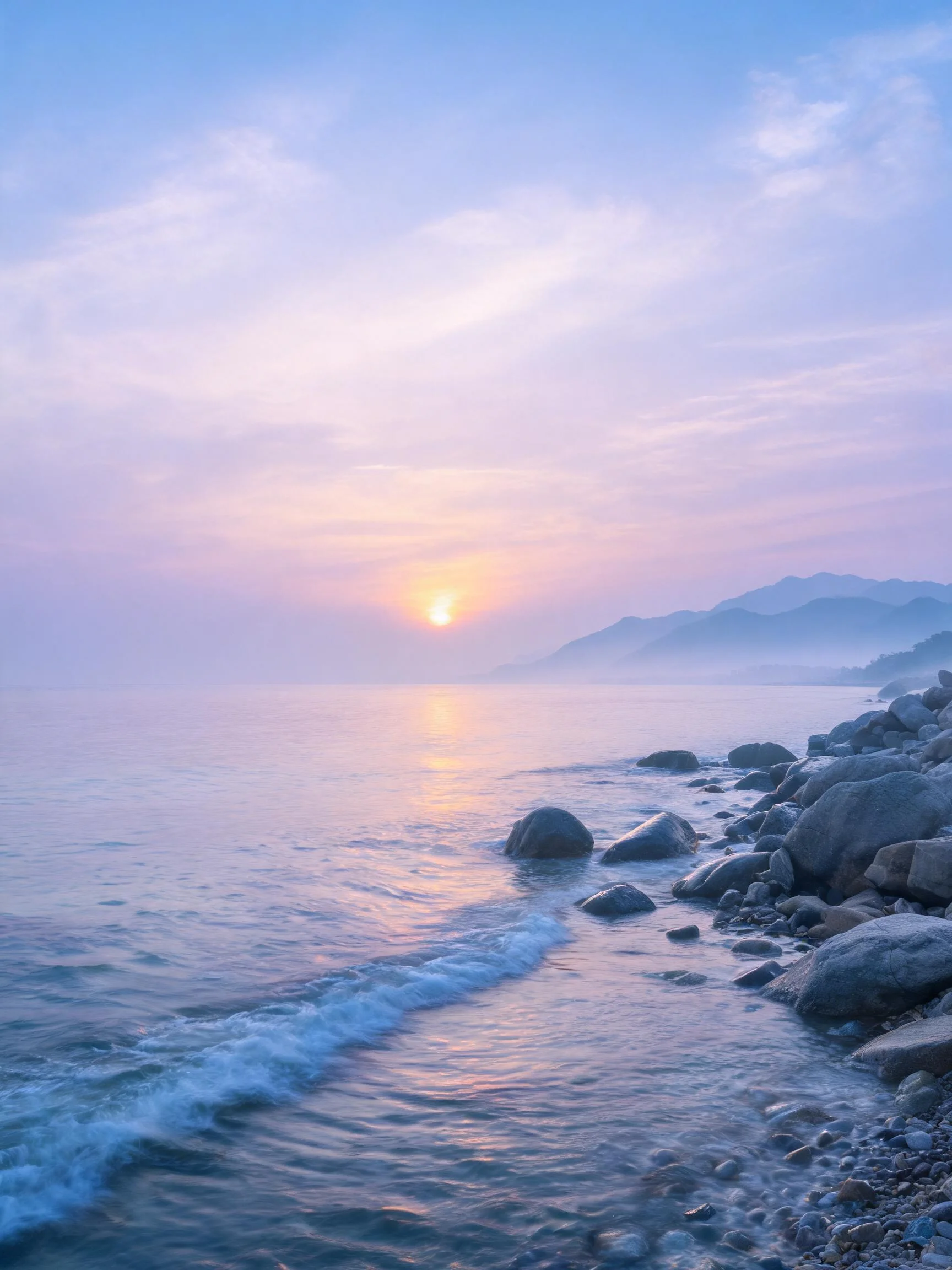 海滨岩石海岸风光,海水清澈平静,岸边礁石形态各异,远处山脉朦胧,天空呈现淡紫色渐变色彩,夕阳暖光洒在海面与礁石之上。