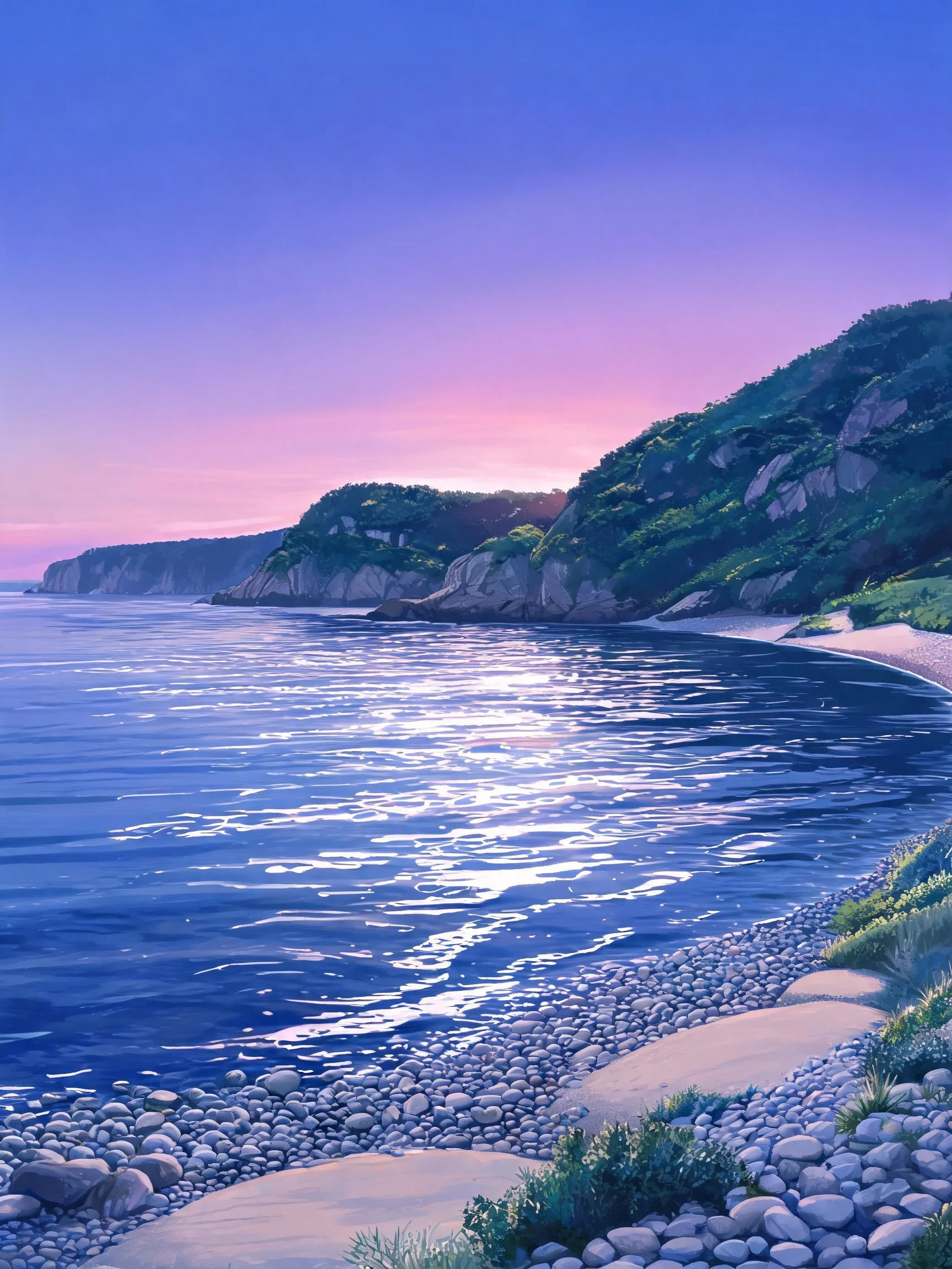 青紫黄昏下的沿海岩石海岸,海水波纹清晰,岸边石块表面粗糙有凉感。