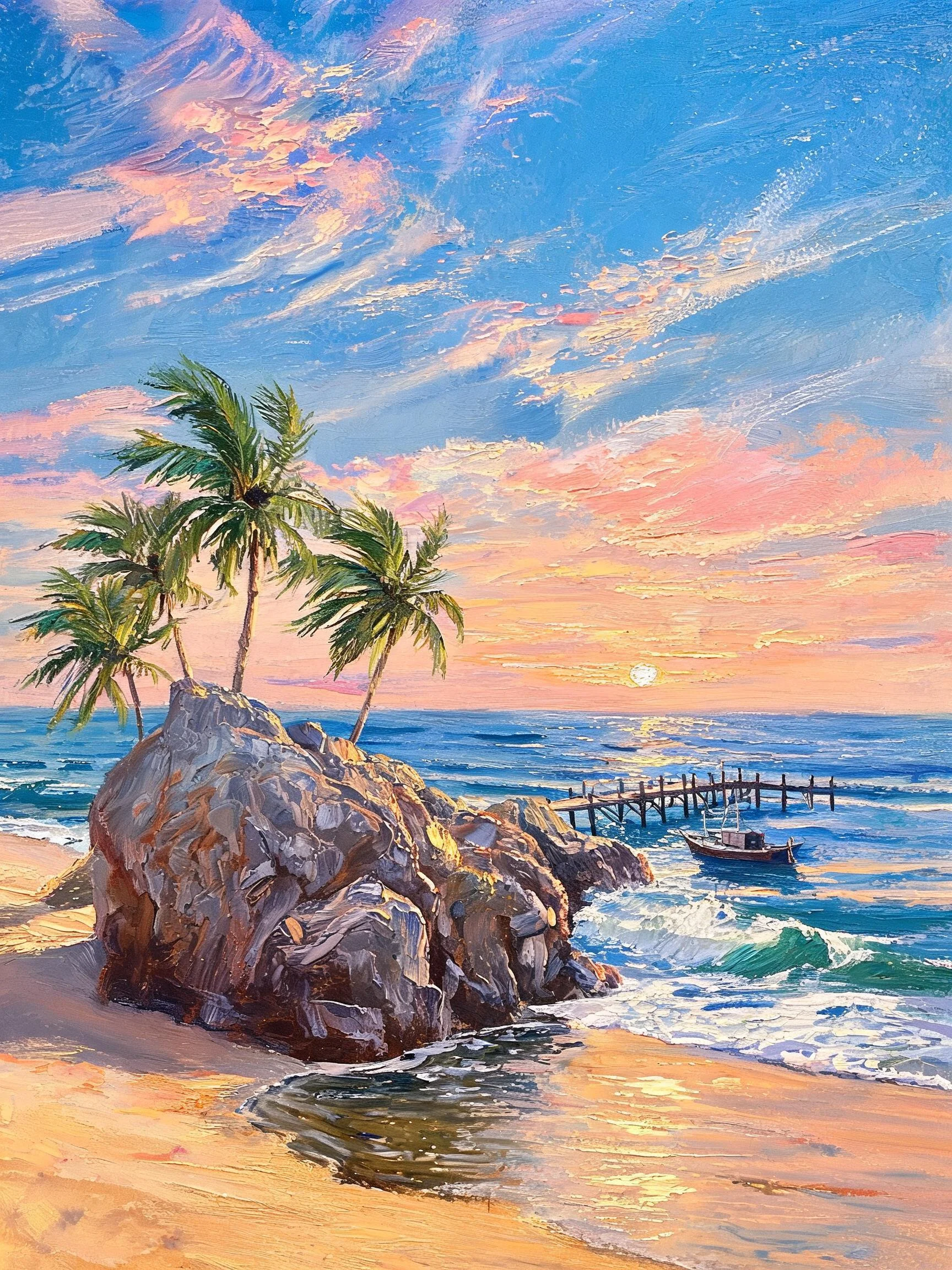 几棵形态挺拔的椰树生长在岩石上，树叶舒展，岩石表面粗糙，木质栈桥通向海面，海水呈现出深蓝色。