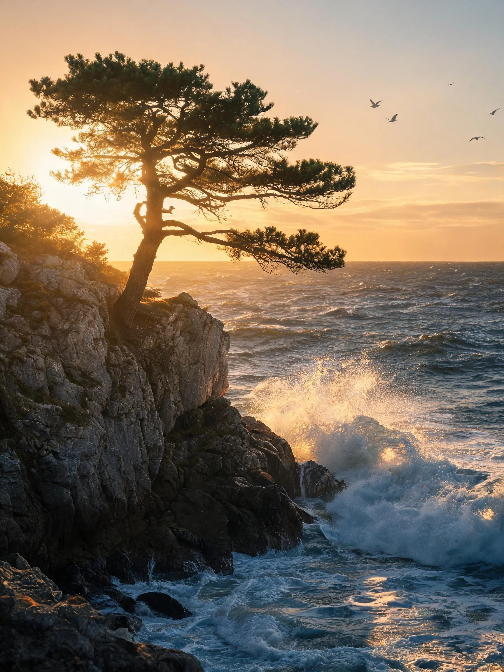 海岸悬崖处的松树在夕阳下形成剪影,其针状叶片与周围翻涌的浪涛形成鲜明对比,岩石表面粗糙且有明显的风化痕迹。