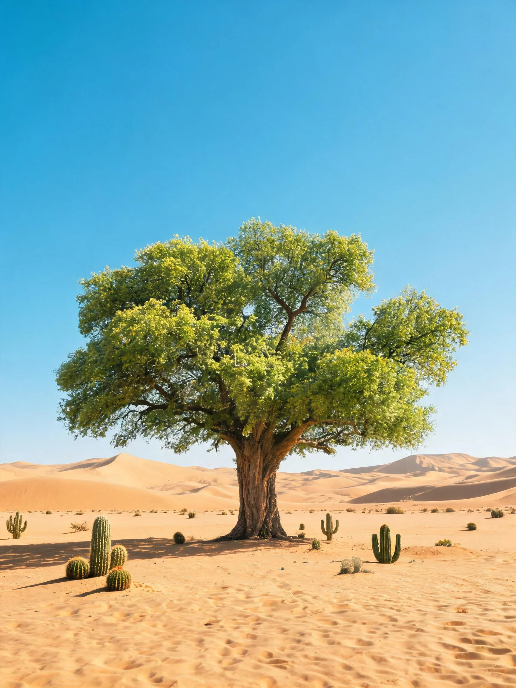 沙漠中生长的一棵胡杨树,树干粗壮,枝叶呈鲜绿色,周围分布着形态各异的仙人掌。