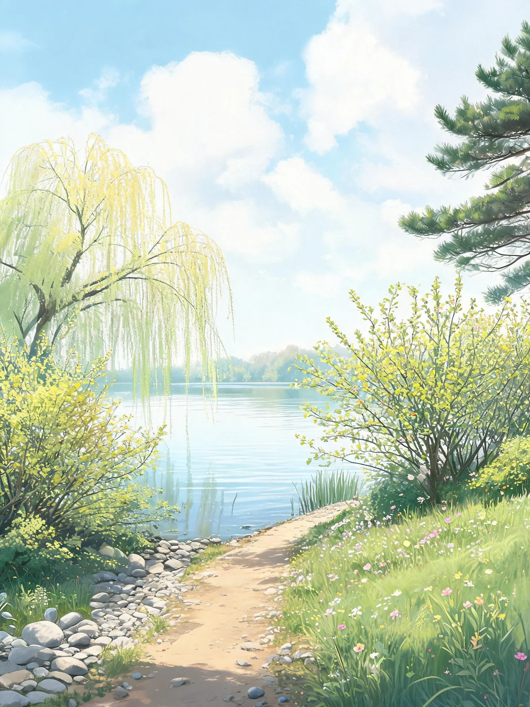 垂柳枝条低垂，叶片呈淡绿色，旁边是开满黄色花朵的灌木丛，湖水清澈平静。