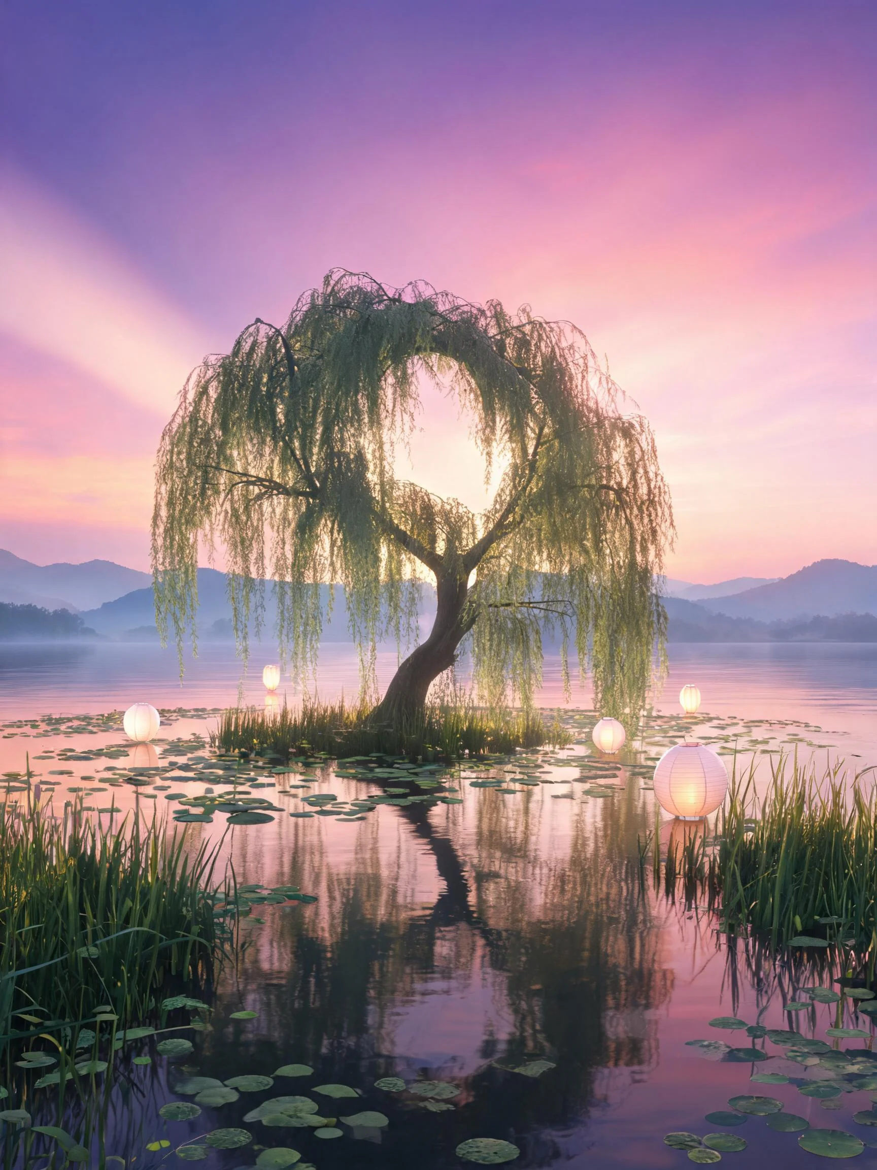 垂柳枝条低垂生长在湖心草地,水面倒影清晰,周围漂浮着白色灯笼。