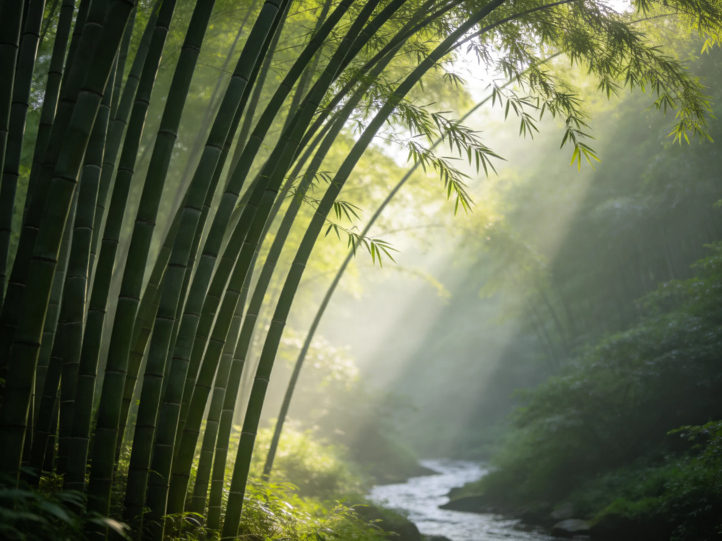 竹林间晨光透过竹叶,形成美丽的光束,溪流静静流淌于竹林下方,竹竿呈深绿色且纹理清晰。