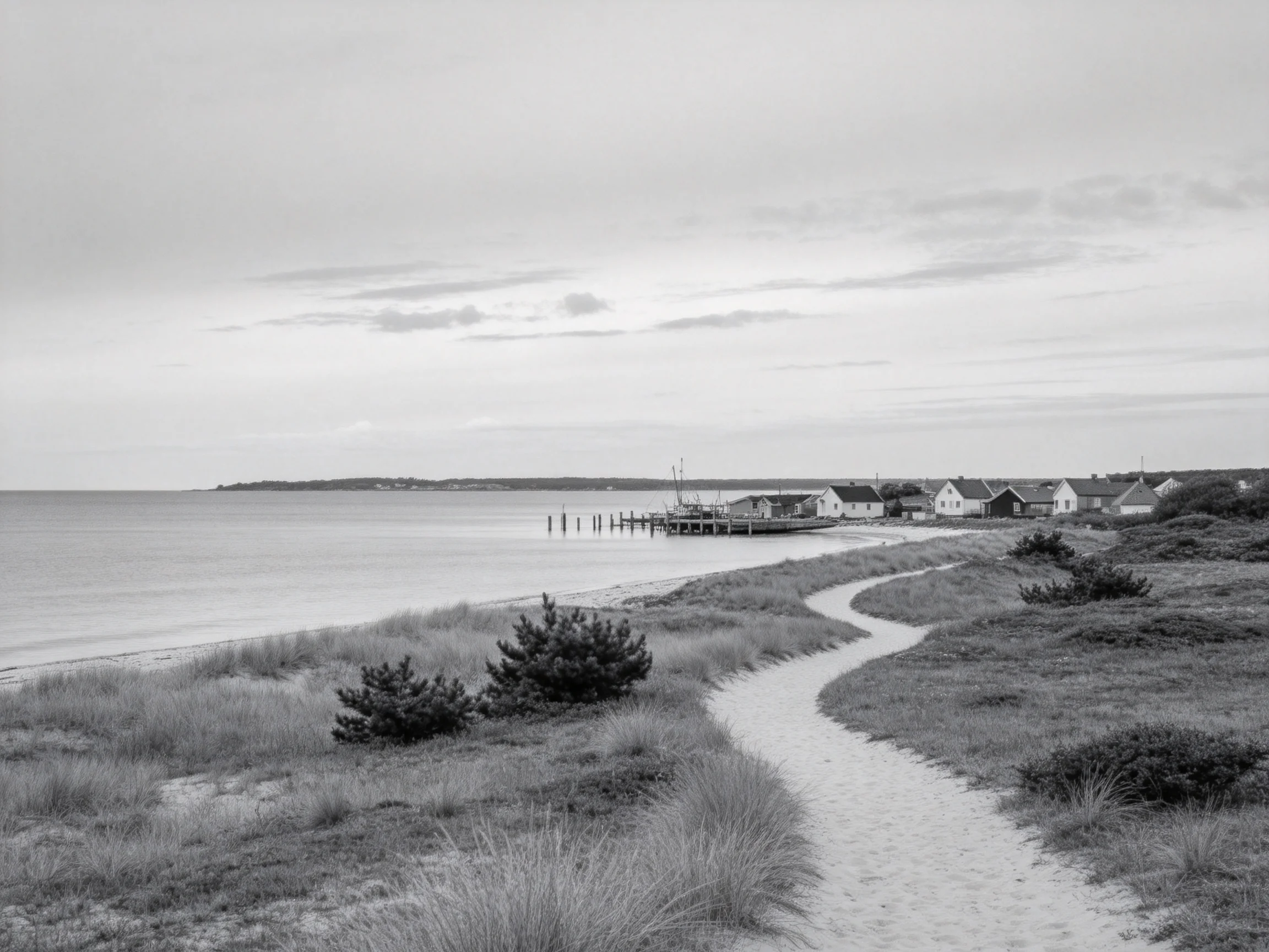 海滨景象中,沙滩上的蜿蜒步道通向海边房屋,木制码头延伸至平静水面,房屋错落分布,周边环绕着低矮植被。