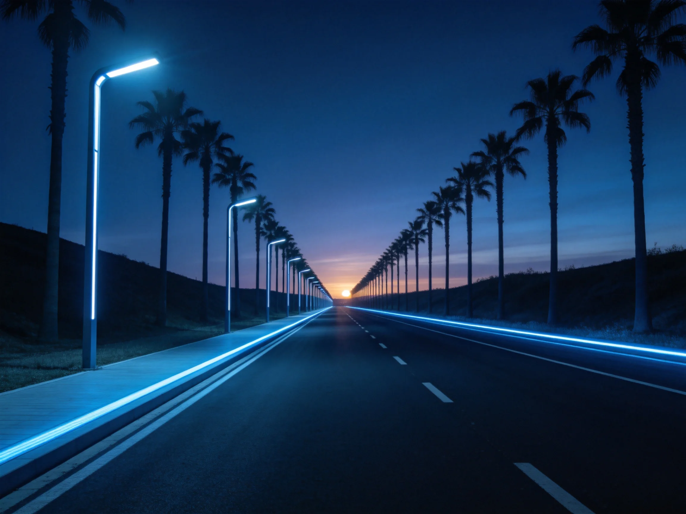 现代化林荫公路上,两侧对称分布的高大棕榈树与蓝色霓虹路灯共同构成了未来感十足的夜景,路灯发出的光线明亮且均匀。