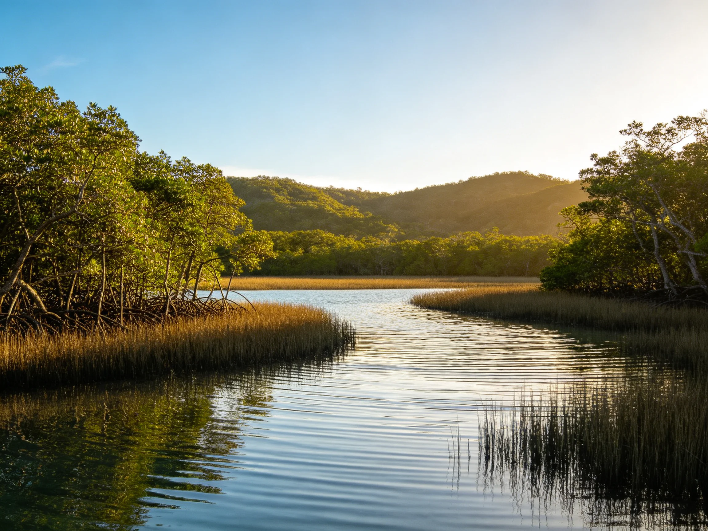 红树林湿地水域，水面平静泛着蓝绿色波纹，岸边红树林树木枝叶繁茂，气根清晰可见。