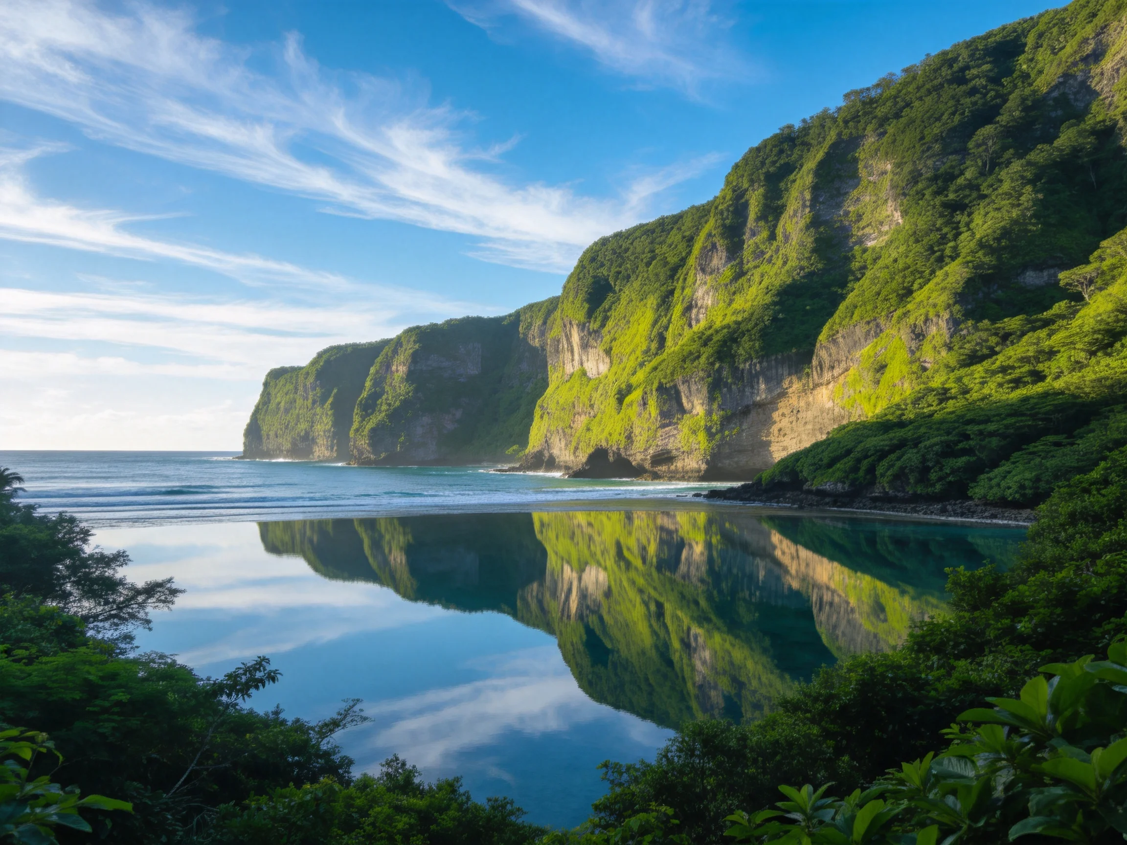 海岸峭壁风光倒影景观里,海水清澈平静,精准倒映出上方峭壁和天空的模样。