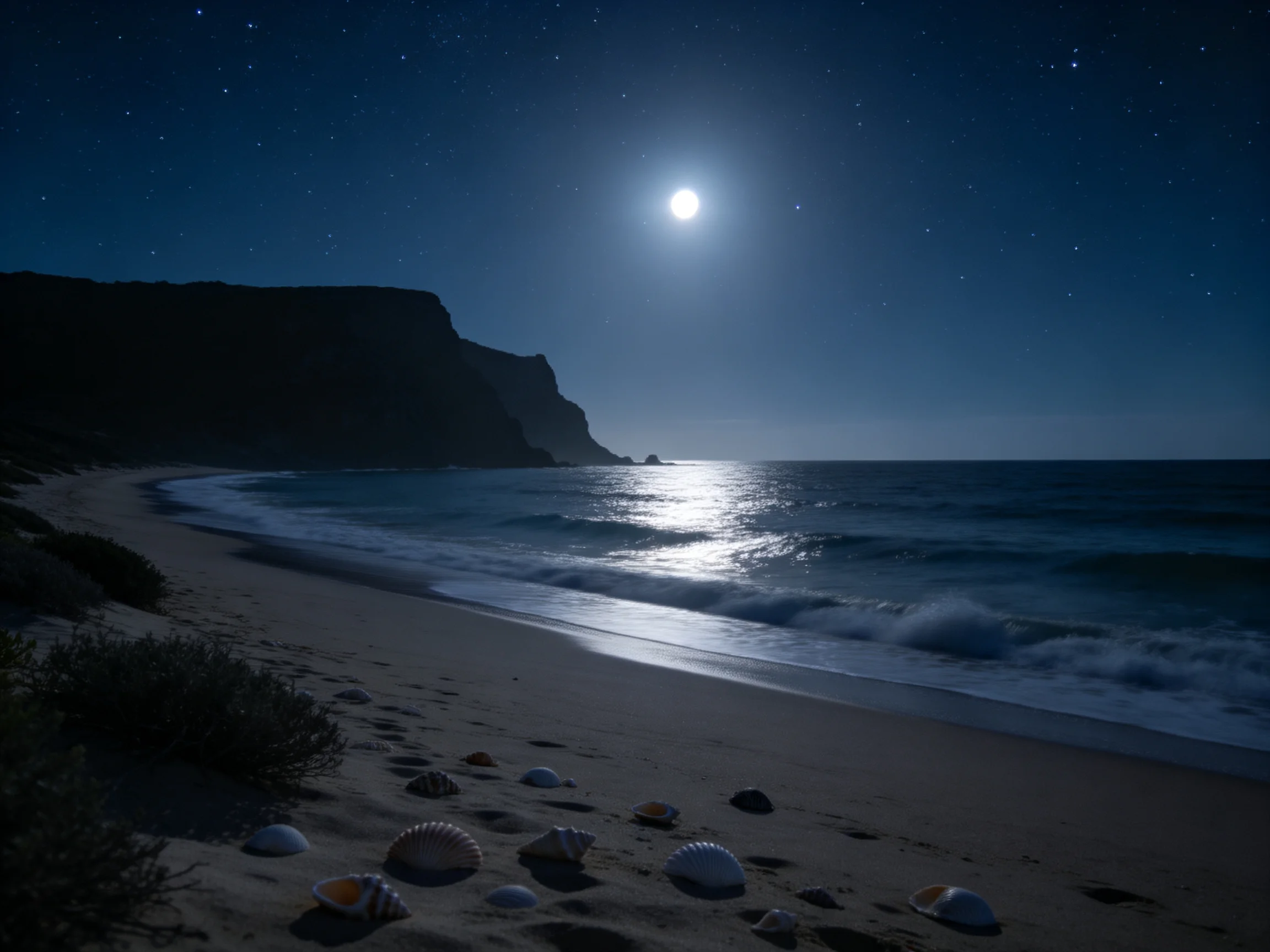 月光下的海滩峭壁夜景,沙滩上散落着多种形态的贝壳,海水在月光下泛着银色波纹。