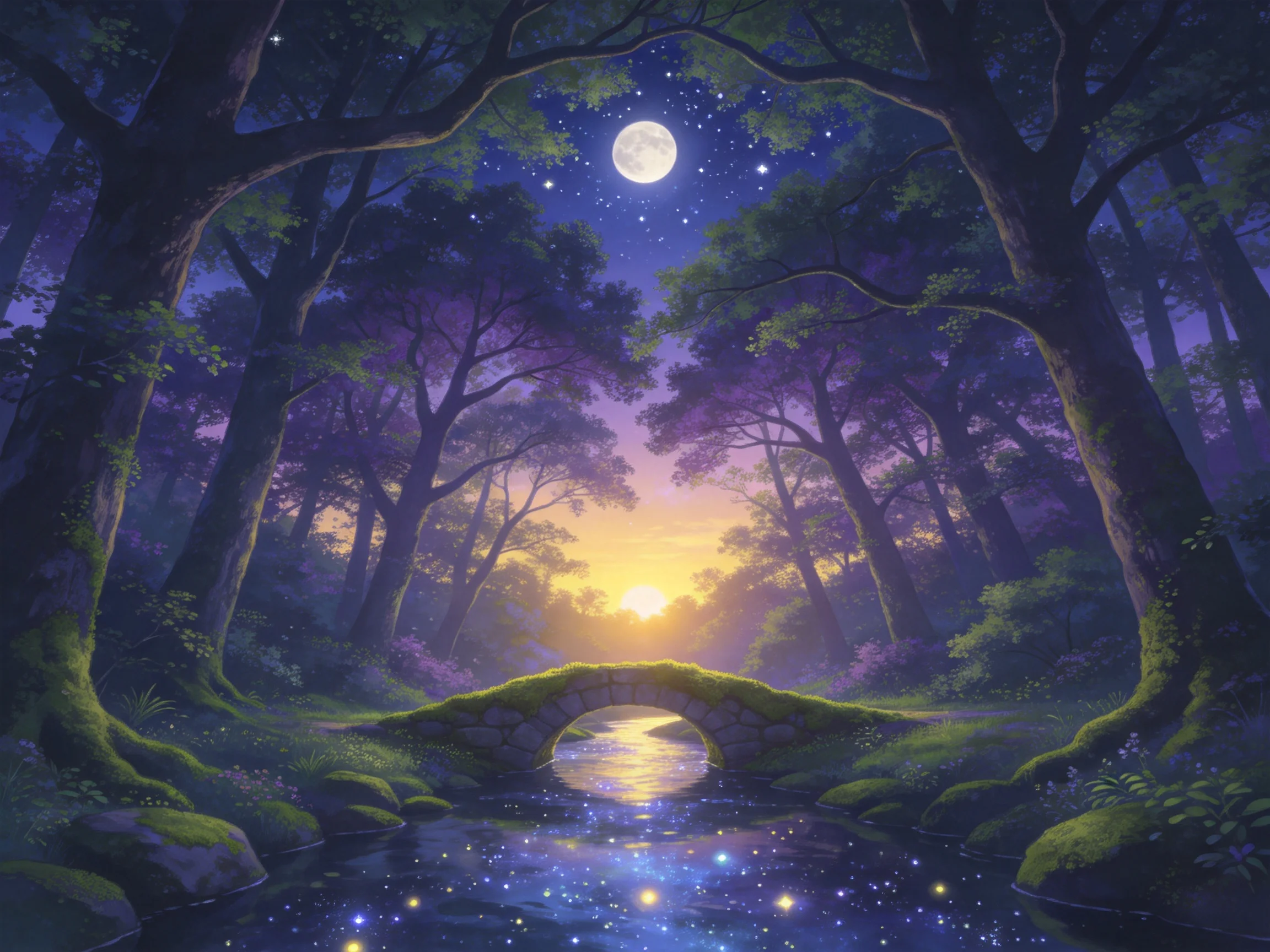 霓虹色光影下的梦幻森林溪桥景观,覆盖青苔的石桥横跨清澈溪流,月光与朝晖交织,水面闪烁如繁星。