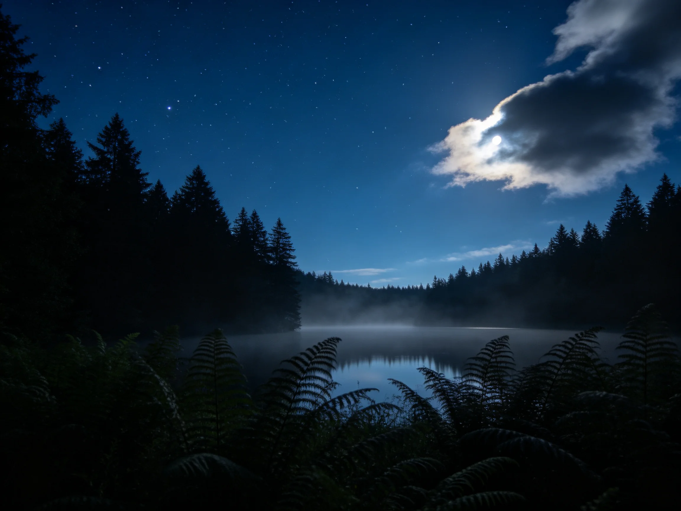阴森森林环绕的月夜湖景,湖面有薄雾,蕨类植物的叶片在暗处清晰可见。