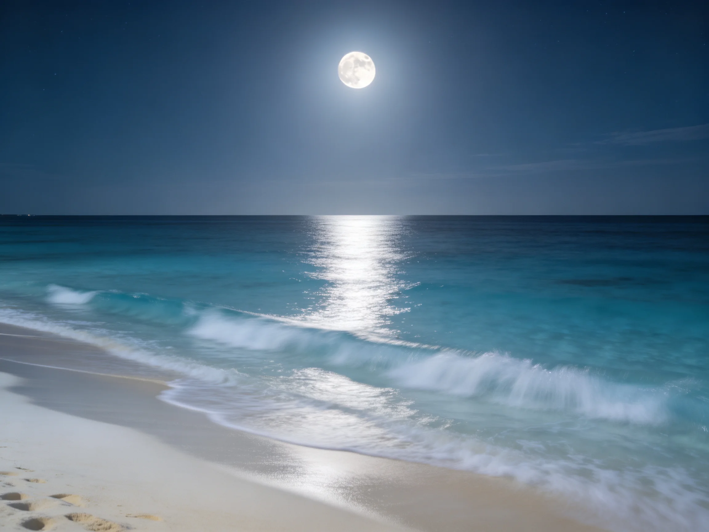 月光下的滨海沙滩夜景,海水呈现清澈蓝绿色,月光在水面上形成银白色光带,沙滩洁白细腻。