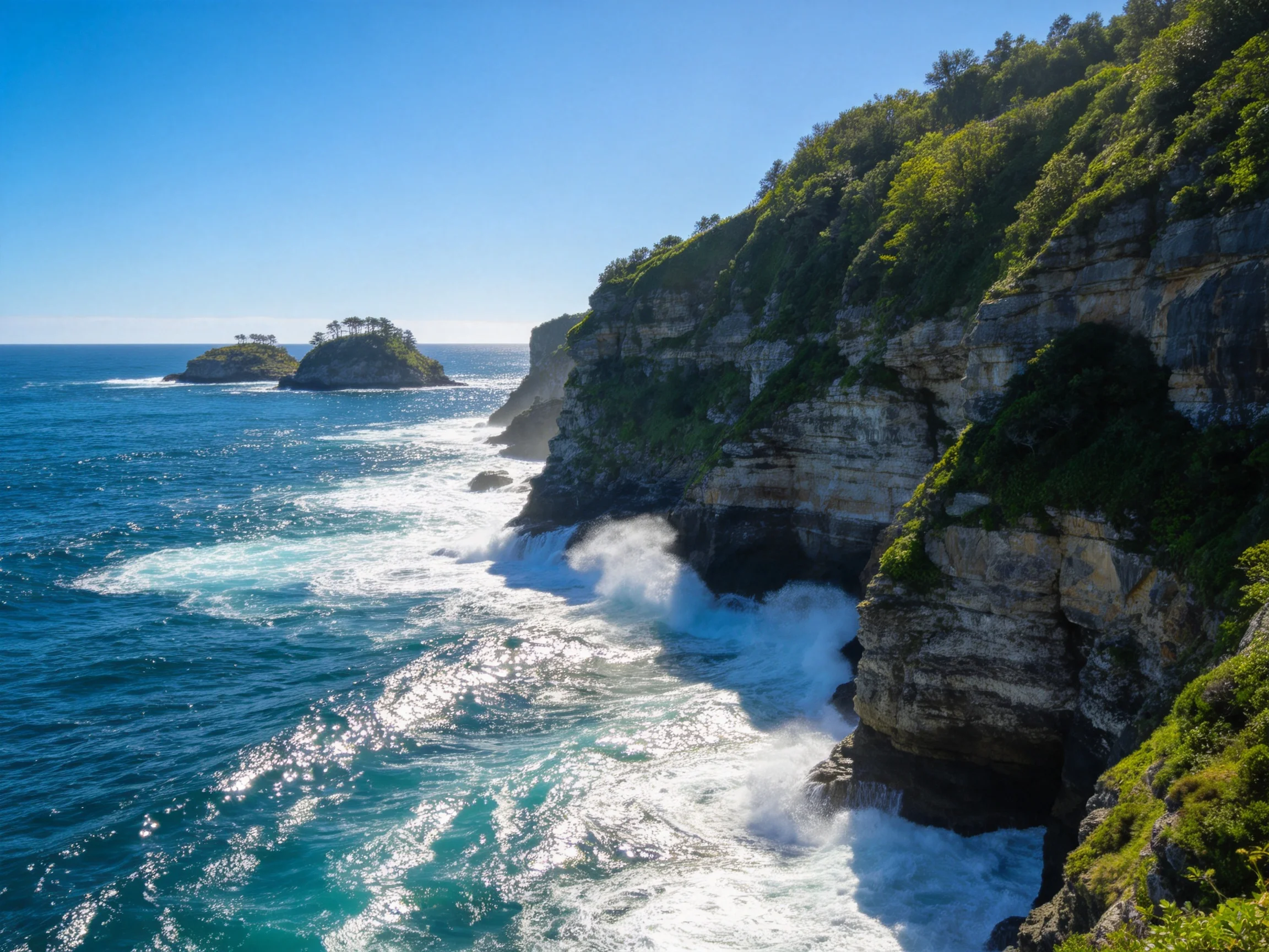 海岸峭壁风光里海浪撞击岩壁时产生的白色水雾,与深蓝色海水形成强烈视觉对比。