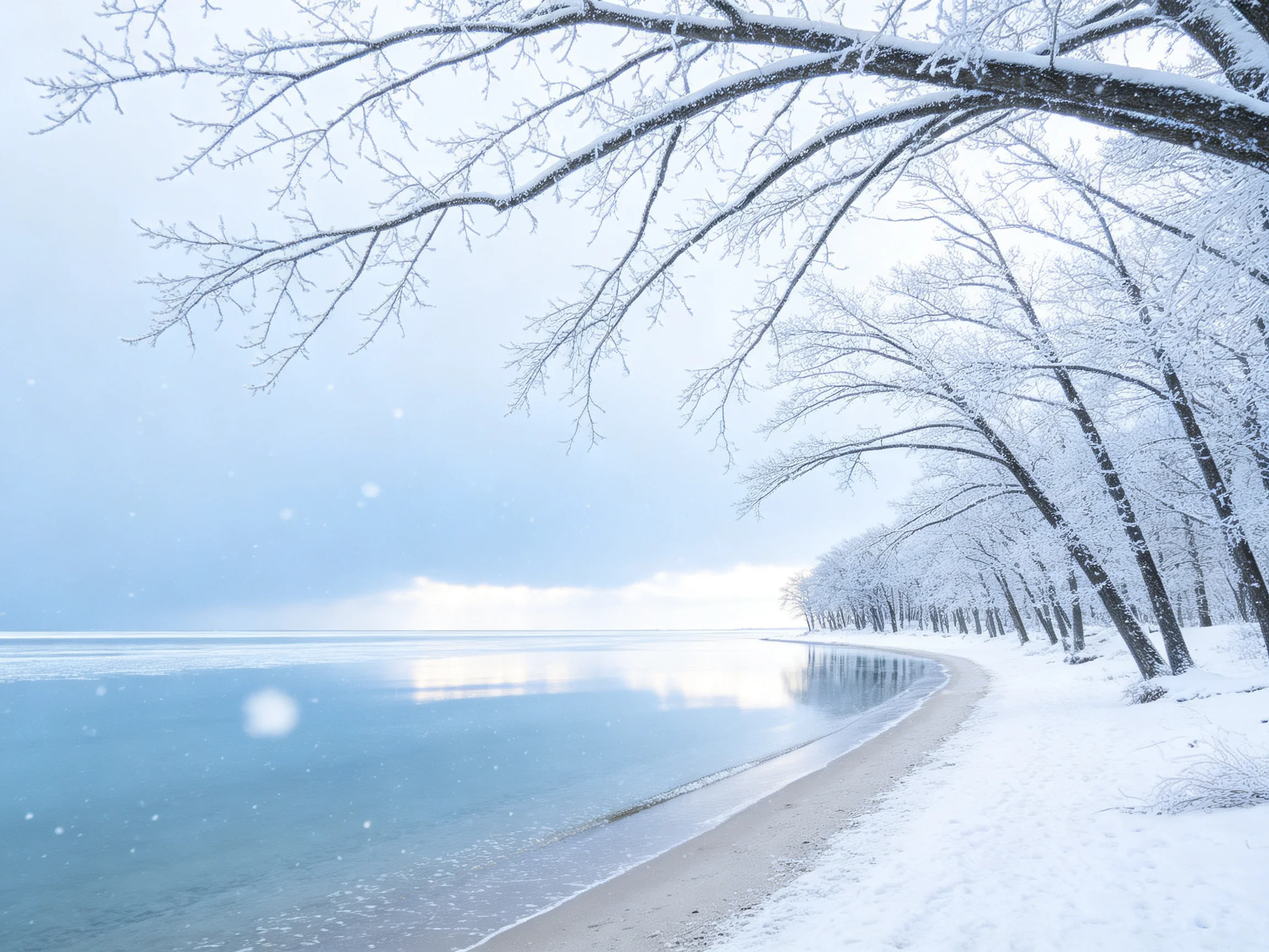 雪覆林木与冰湖海岸景象中,枝桠上的积雪厚重,树枝因雪的压力微微下垂。