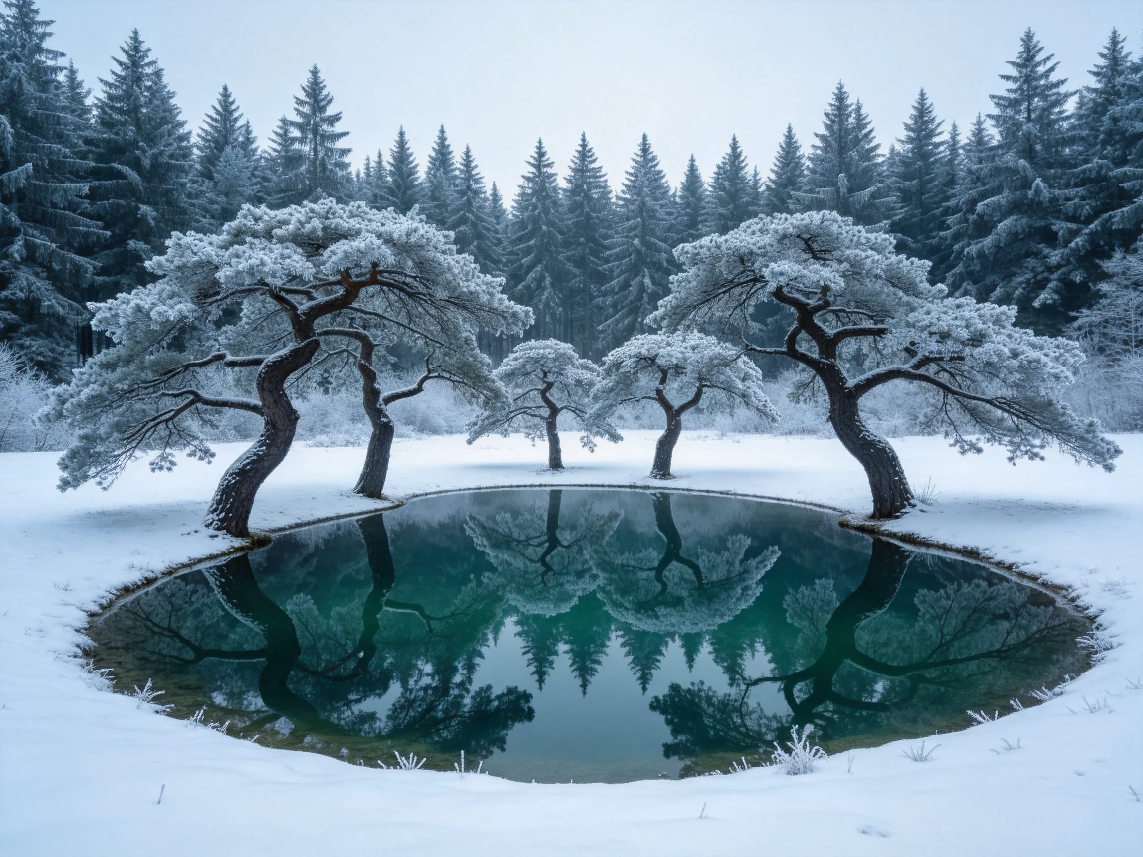 雪地松树林的枝桠上积满白雪,清晰倒映在平静的圆形水池水中,水面呈现深绿色,与白色雪地形成鲜明对比。