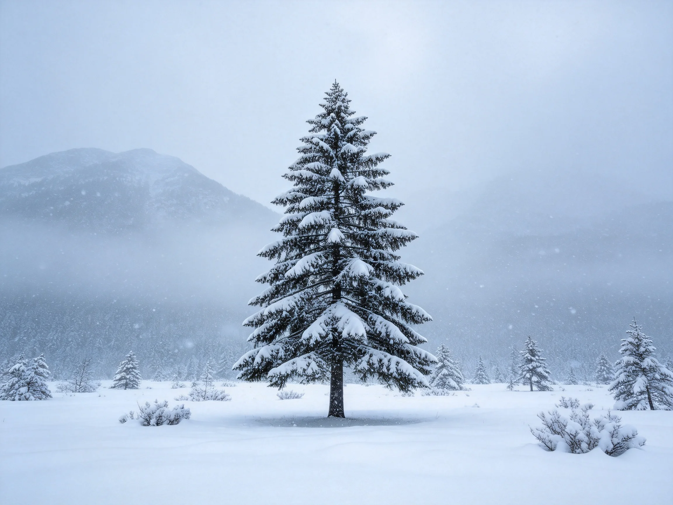 高大的雪松被厚厚的白雪覆盖,深绿色针叶与白色积雪形成鲜明对比,树干笔直挺拔,表面有纹理。