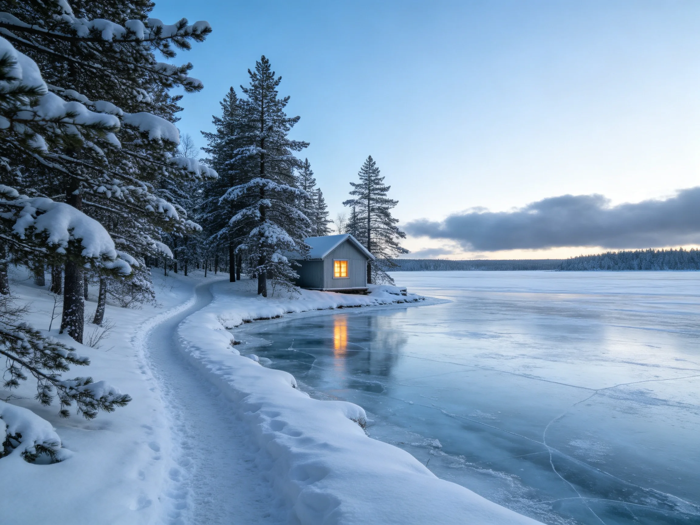 湖边雪地木屋,暖光从窗户透出,在冰面上形成清晰倒影。