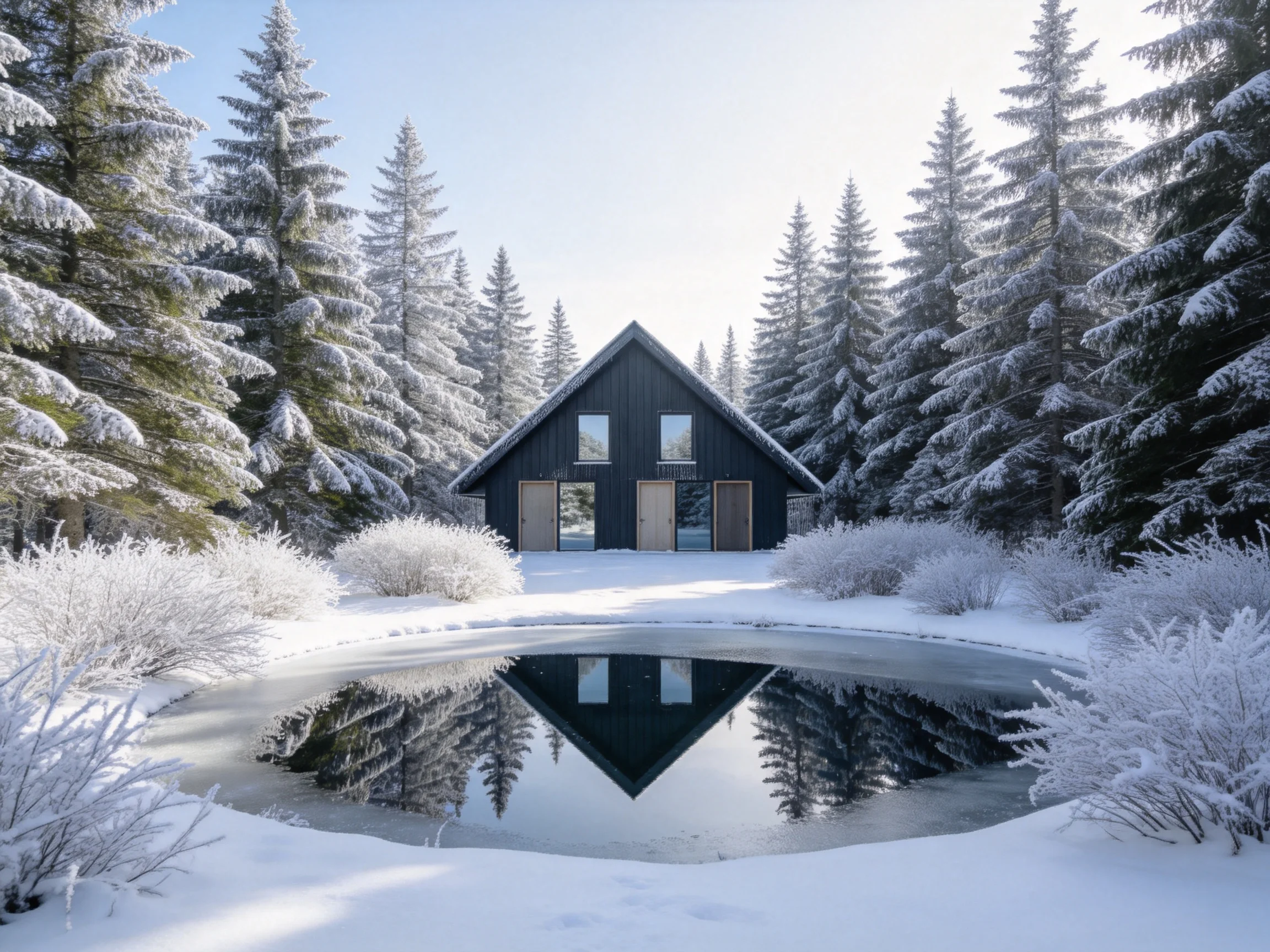 冬日森林中的现代木质小屋,深色外墙与洁白雪景对比鲜明对比,前方冰冻水面清晰倒映出房屋全貌。