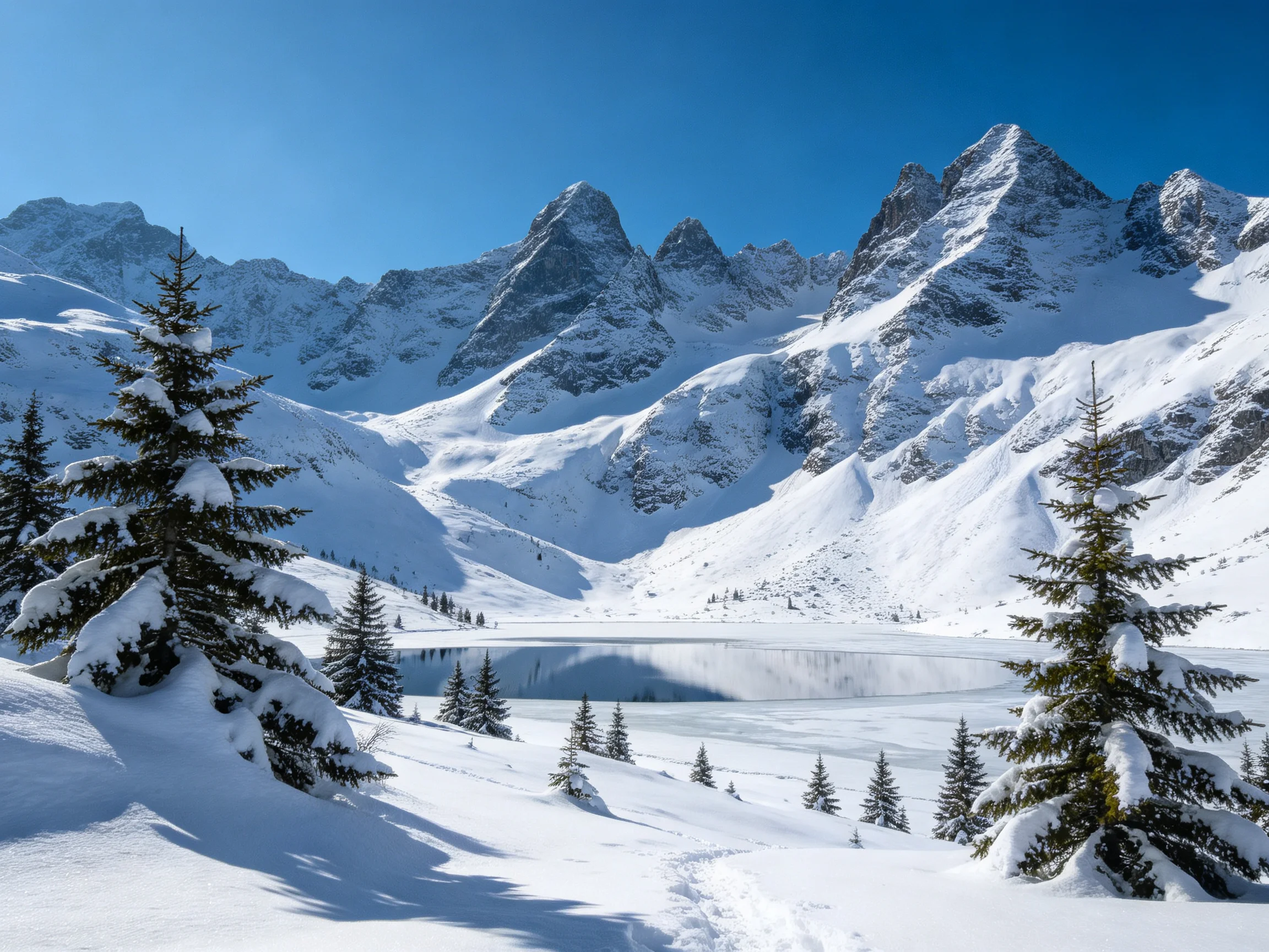 雪覆山峰与冰冻湖泊的山地景观中,常绿树木枝桠上的积雪堆积厚重,湖面冰层平整如镜映着湛蓝天空。