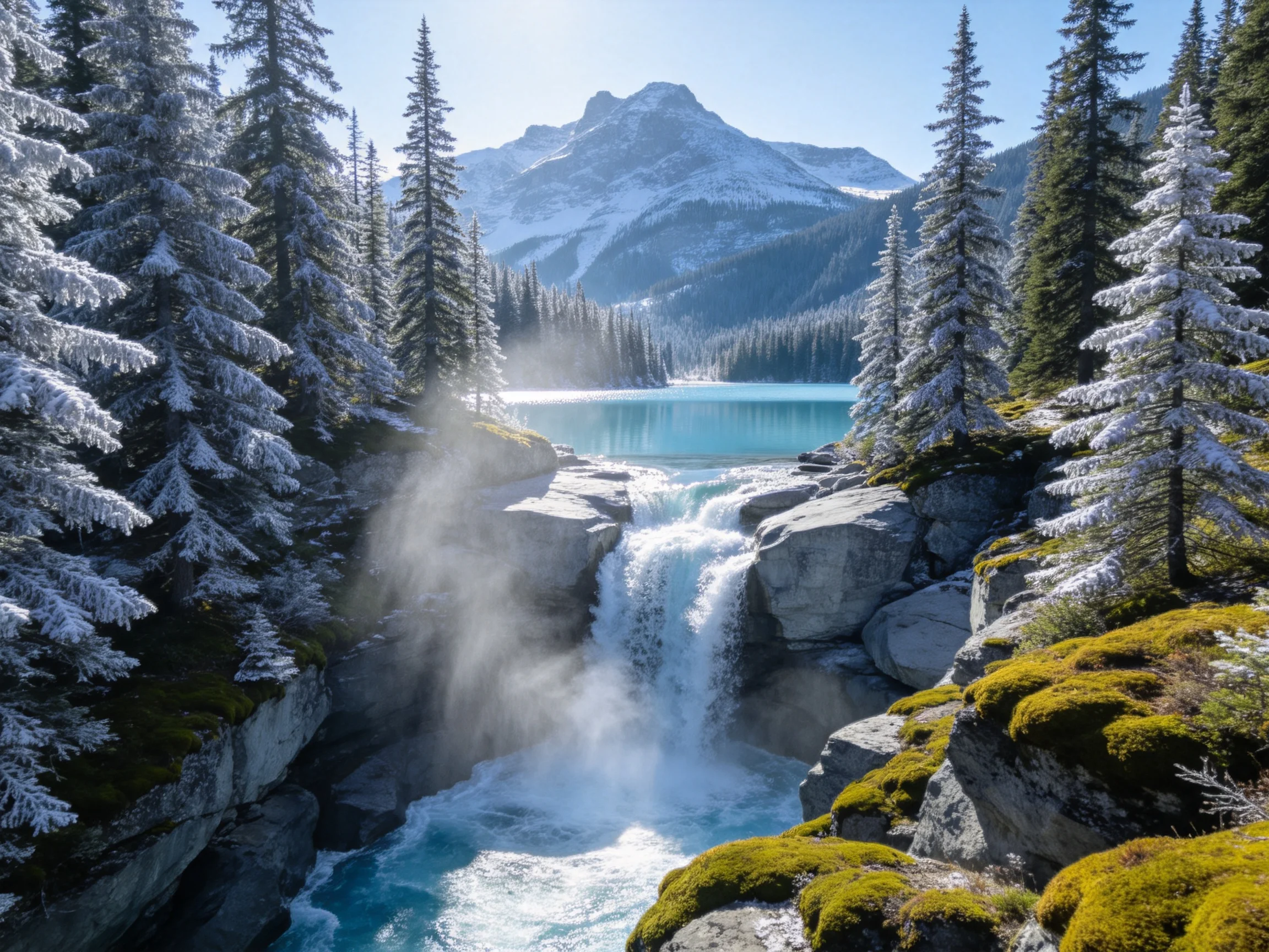 雪山森林间的清澈瀑布景观,水流飞溅处水雾弥漫,覆雪常绿树木环绕,背景是积雪山峰与青绿色湖泊,岩石上有鲜嫩苔藓。