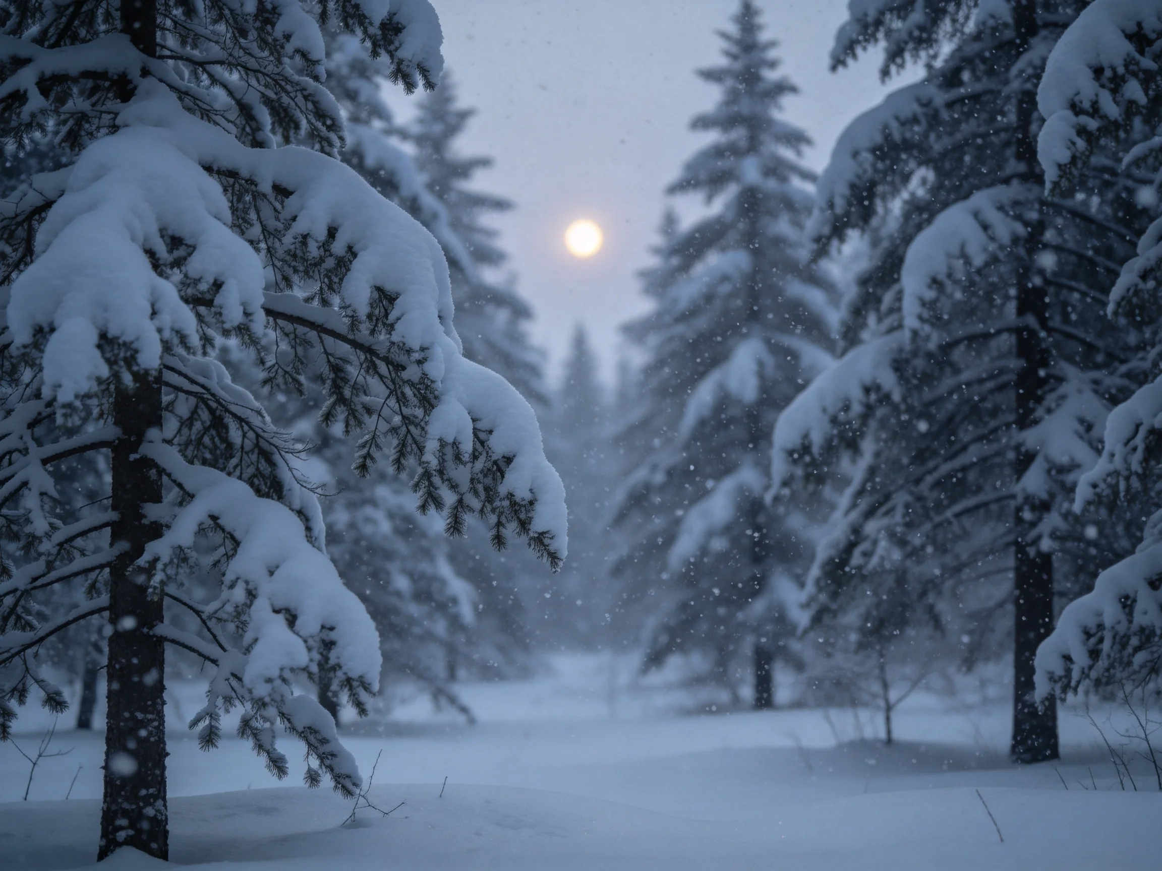 雪地松树林中,树枝上的积雪厚重,月光照射下呈现出洁白质感。