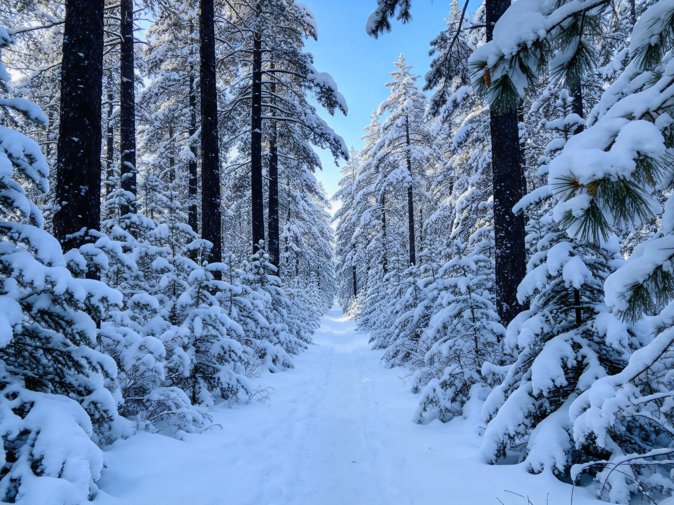 雪覆森林中,粗壮的深色树干与蓬松洁白的积雪形成鲜明对比,地面被厚厚的雪层覆盖,呈现出纯净的白色世界。