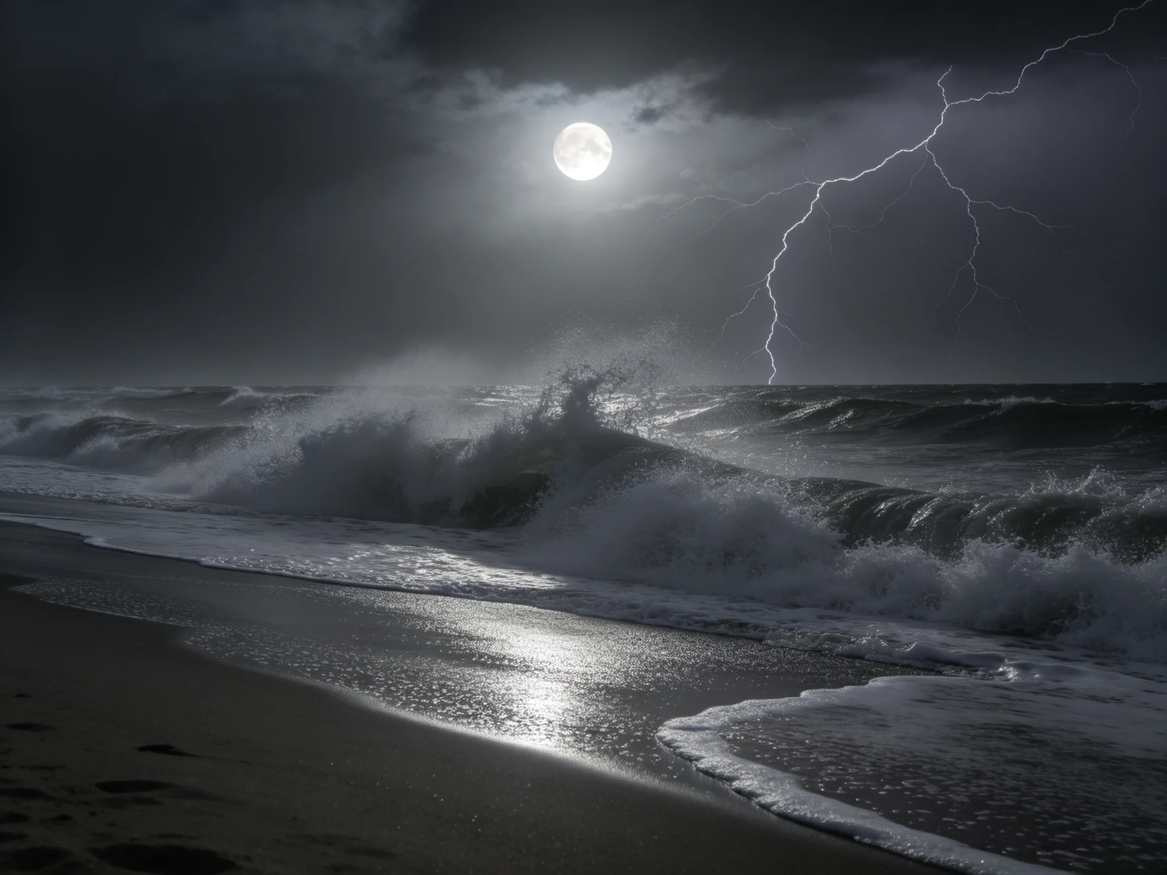 月夜风暴下的滨海浪涛景象,闪电划过时海浪正激烈拍打沙滩表面。