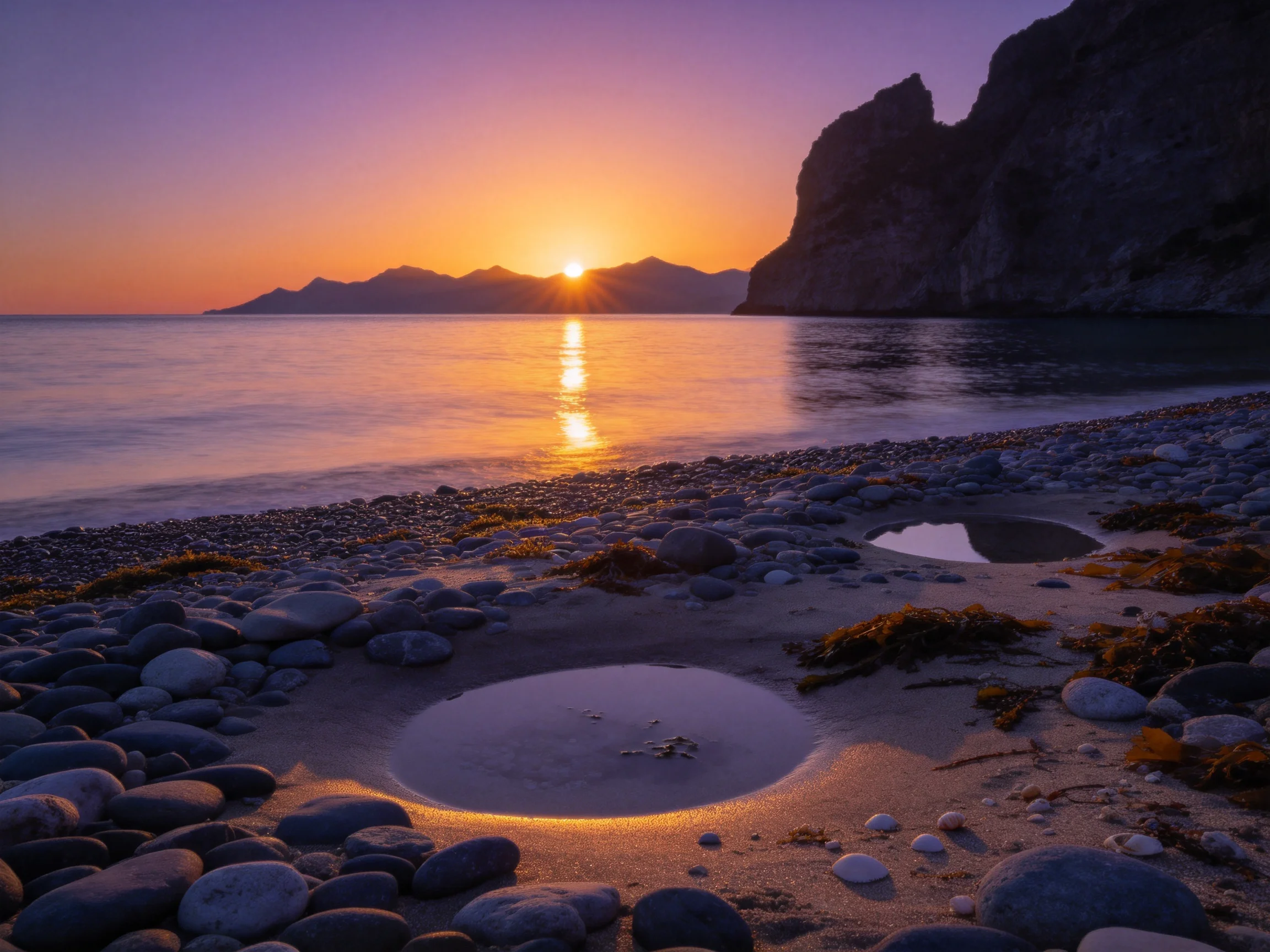 滨海峭壁沙滩日落风光,沙滩上有圆形水洼倒映着橙红色的夕阳光芒,鹅卵石分布均匀,海水呈现深浅蓝色渐变。