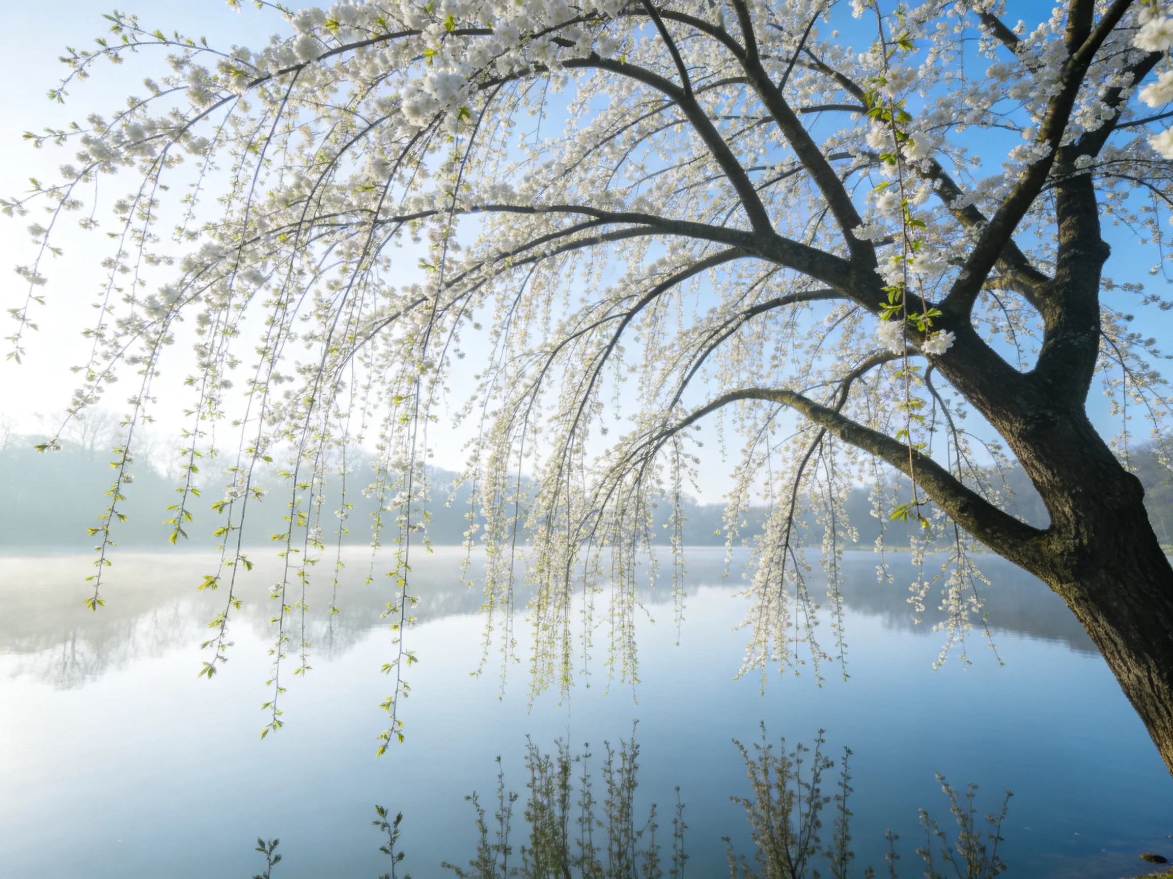 垂枝樱花树上开满白色花朵，枝条低垂至水面，花朵与水面倒影形成对称的视觉效果，花瓣呈现出细腻的白色质感。