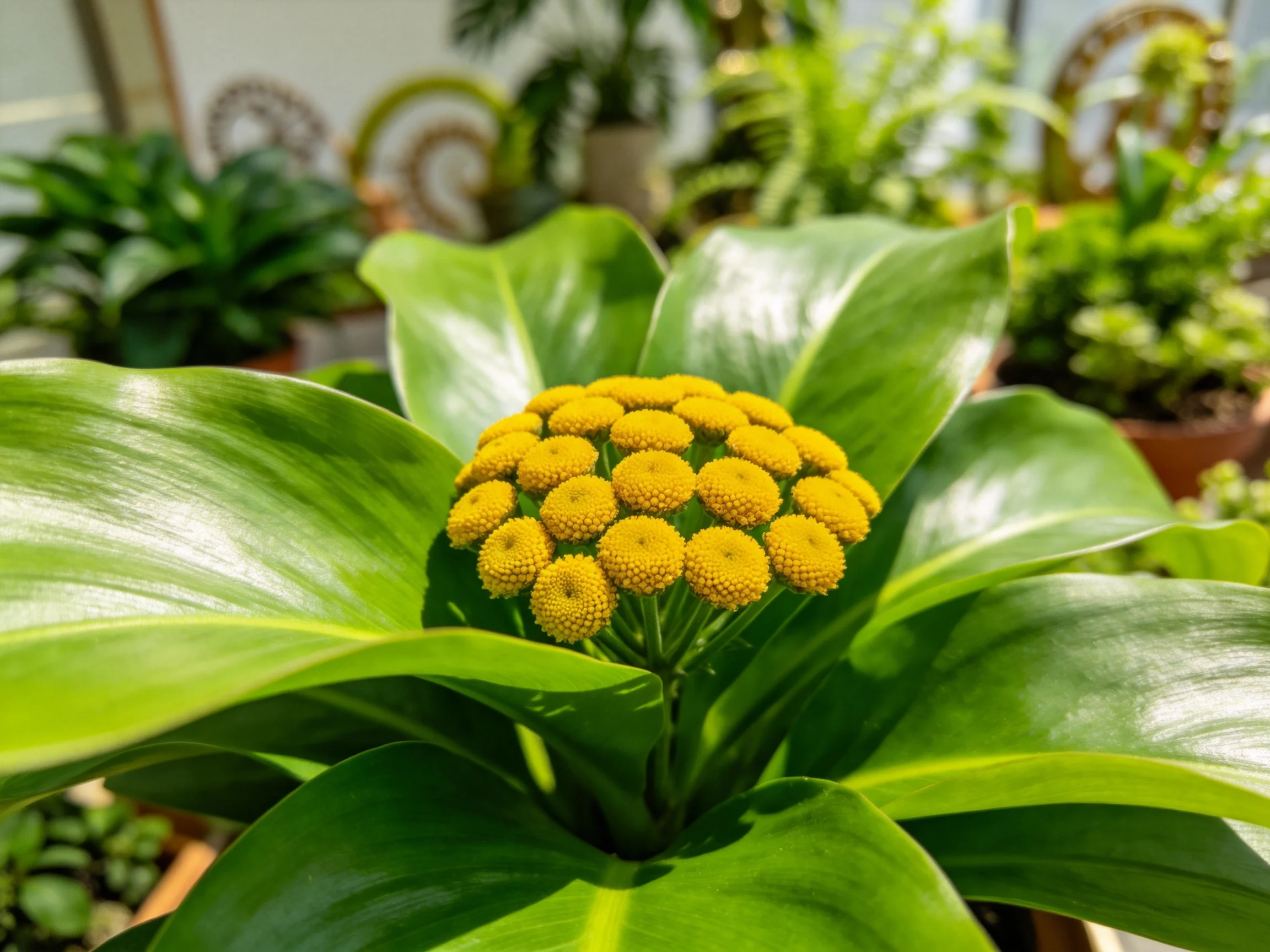 这株菊科多肉植物有着宽大的绿色叶片,叶片表面光滑有光泽,中心生长着一簇密集的黄色圆形花朵。
