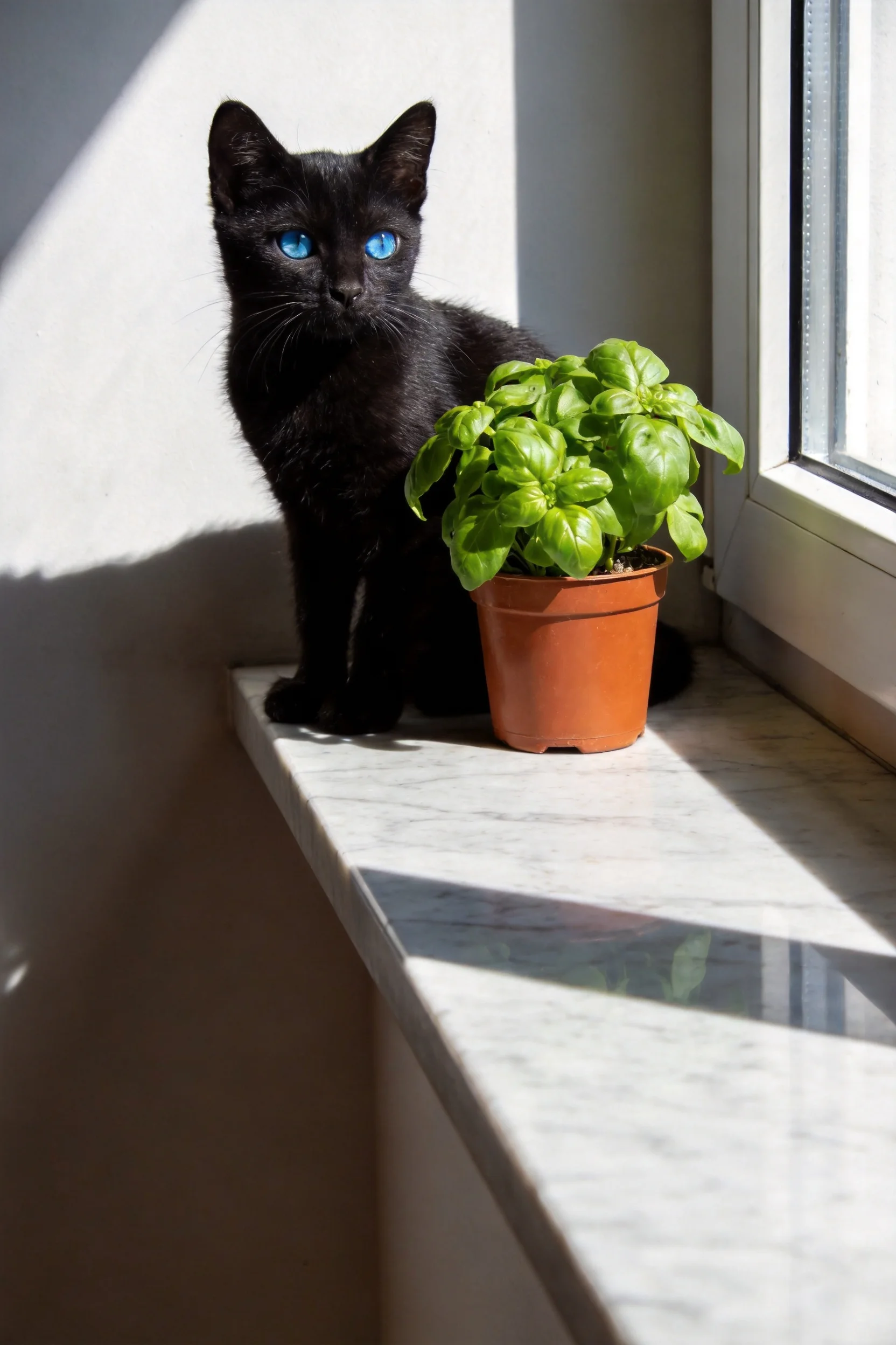 短毛黑猫有着明亮的蓝色眼睛,身旁是一盆罗勒,阳光从右侧窗户照射下来,猫咪毛发光滑有光泽。