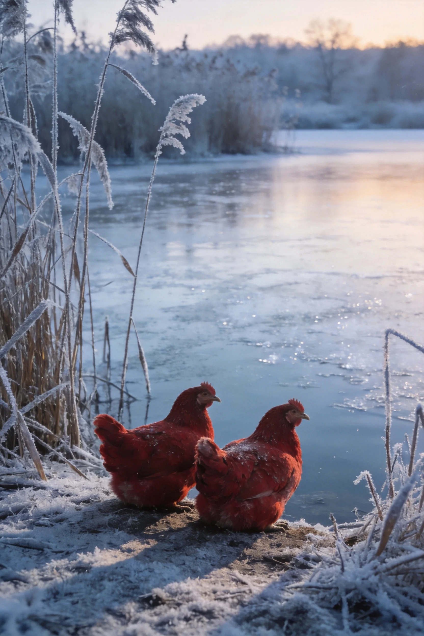 两只红羽家鸡栖息在结冰湖边的霜雪环境中，羽毛带有轻微霜晶，姿态安静。