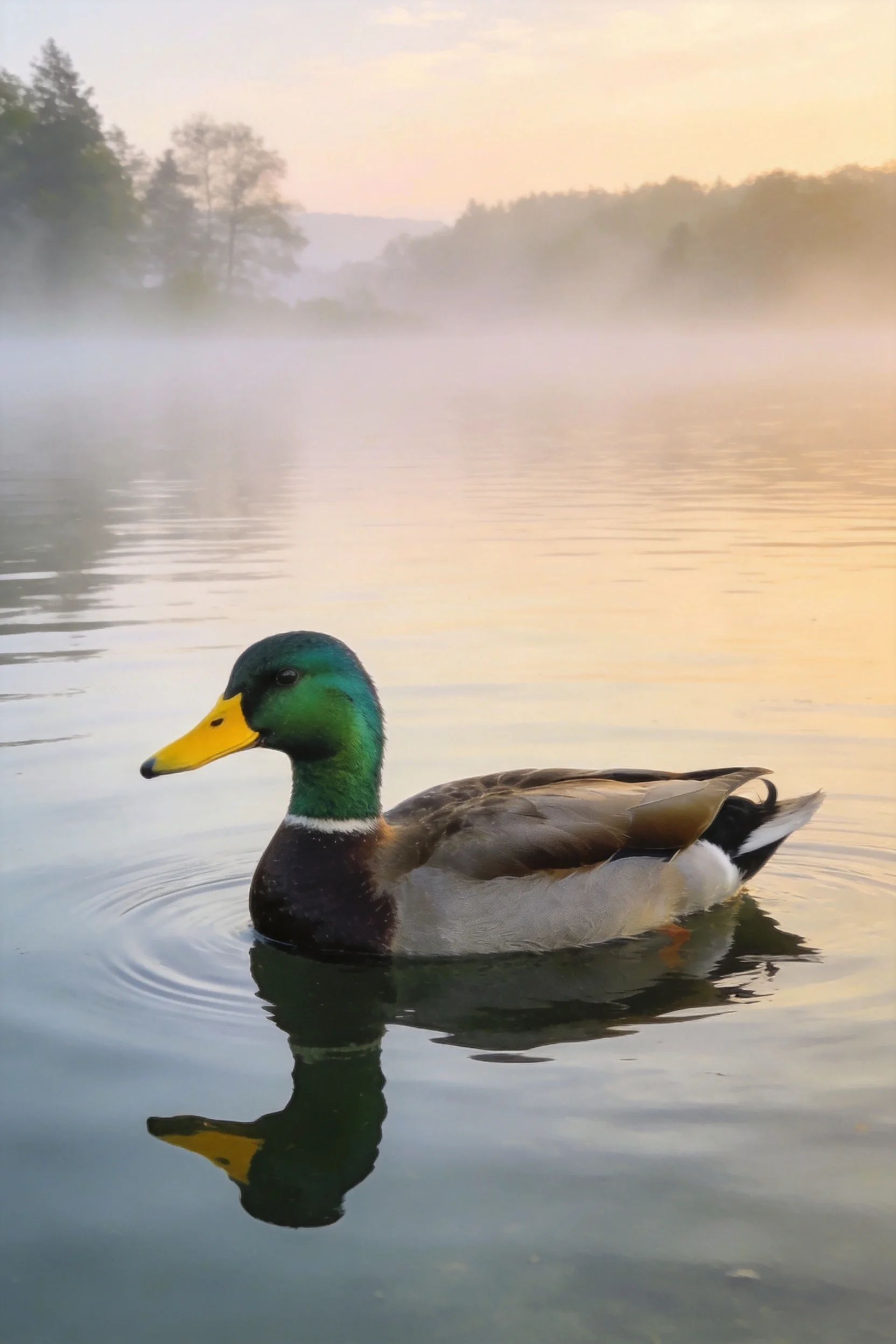 绿头鸭在水面游泳，头部绿色羽毛与黄色喙清晰，水面有倒影。